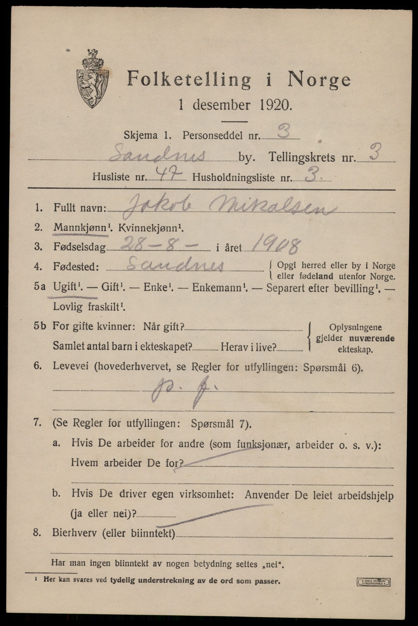 SAST, Folketelling 1920 for 1102 Sandnes ladested, 1920, s. 4206