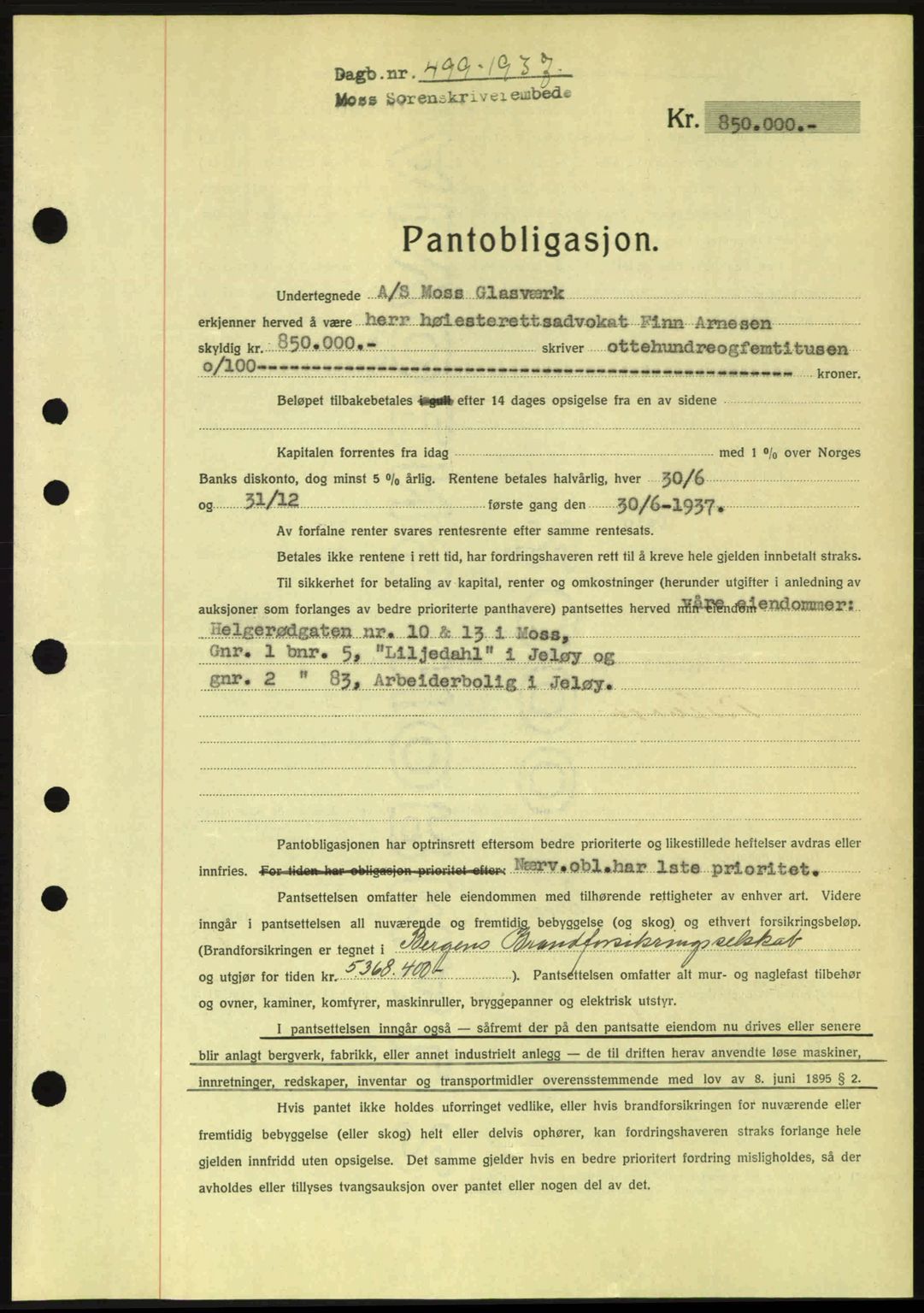 Moss sorenskriveri, SAO/A-10168: Pantebok nr. B3, 1937-1937, Dagboknr: 499/1937