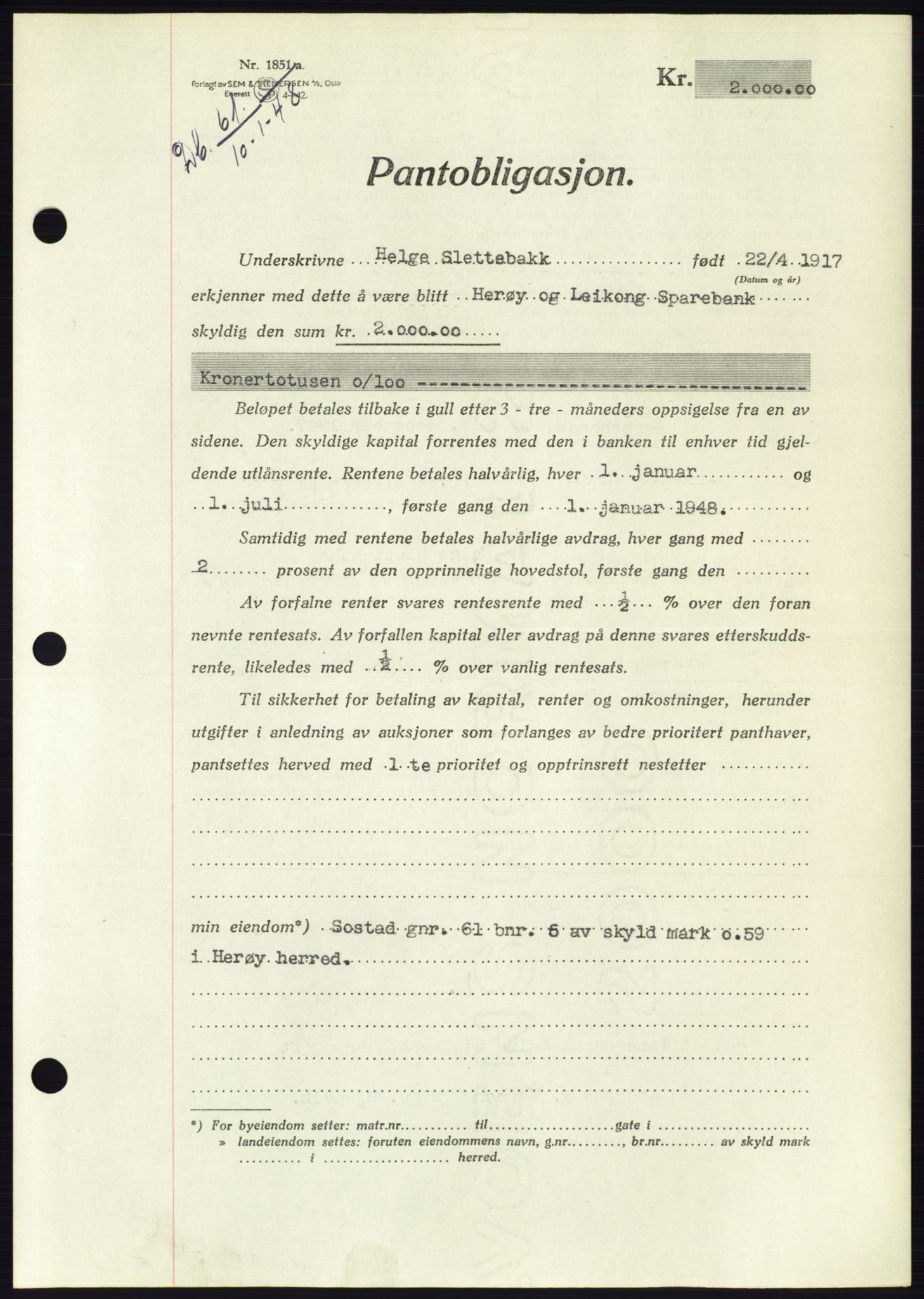 Søre Sunnmøre sorenskriveri, AV/SAT-A-4122/1/2/2C/L0115: Pantebok nr. 3B, 1947-1948, Dagboknr: 61/1948