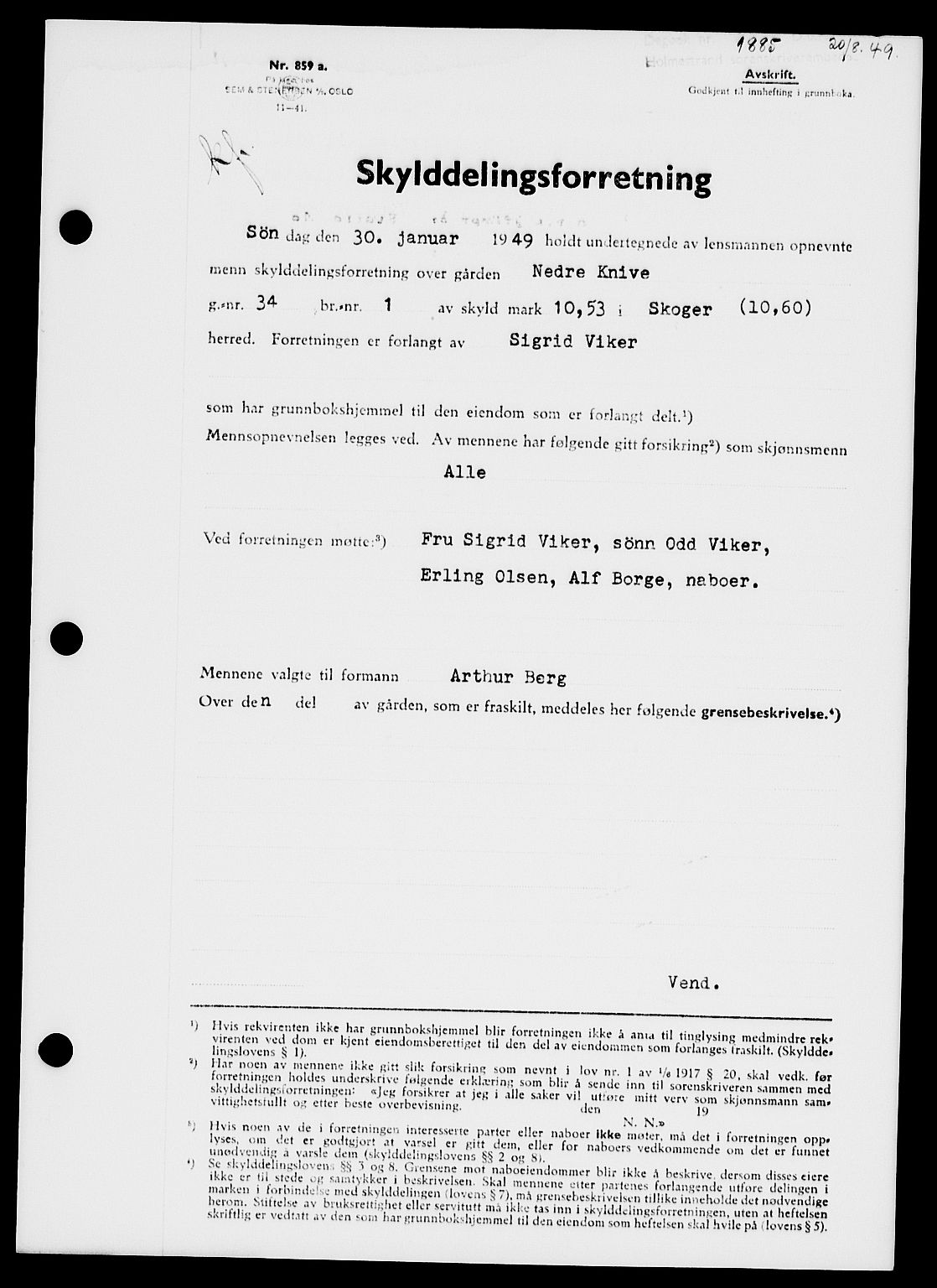 Holmestrand sorenskriveri, SAKO/A-67/G/Ga/Gaa/L0067: Pantebok nr. A-67, 1949-1949, Dagboknr: 1885/1949