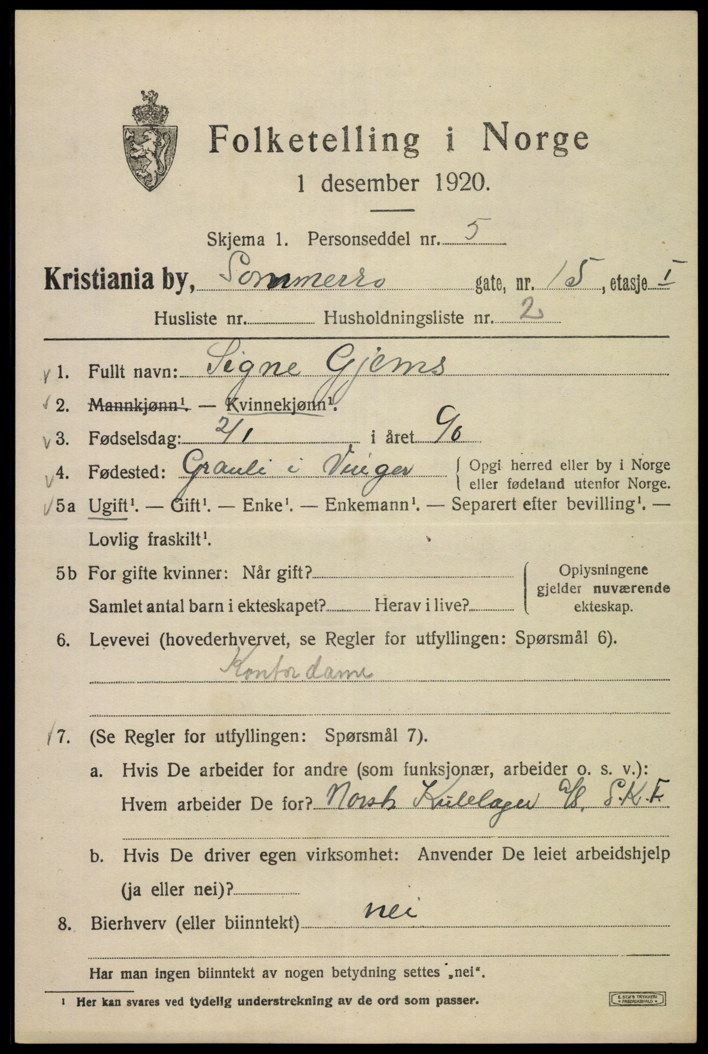 SAO, Folketelling 1920 for 0301 Kristiania kjøpstad, 1920, s. 528059