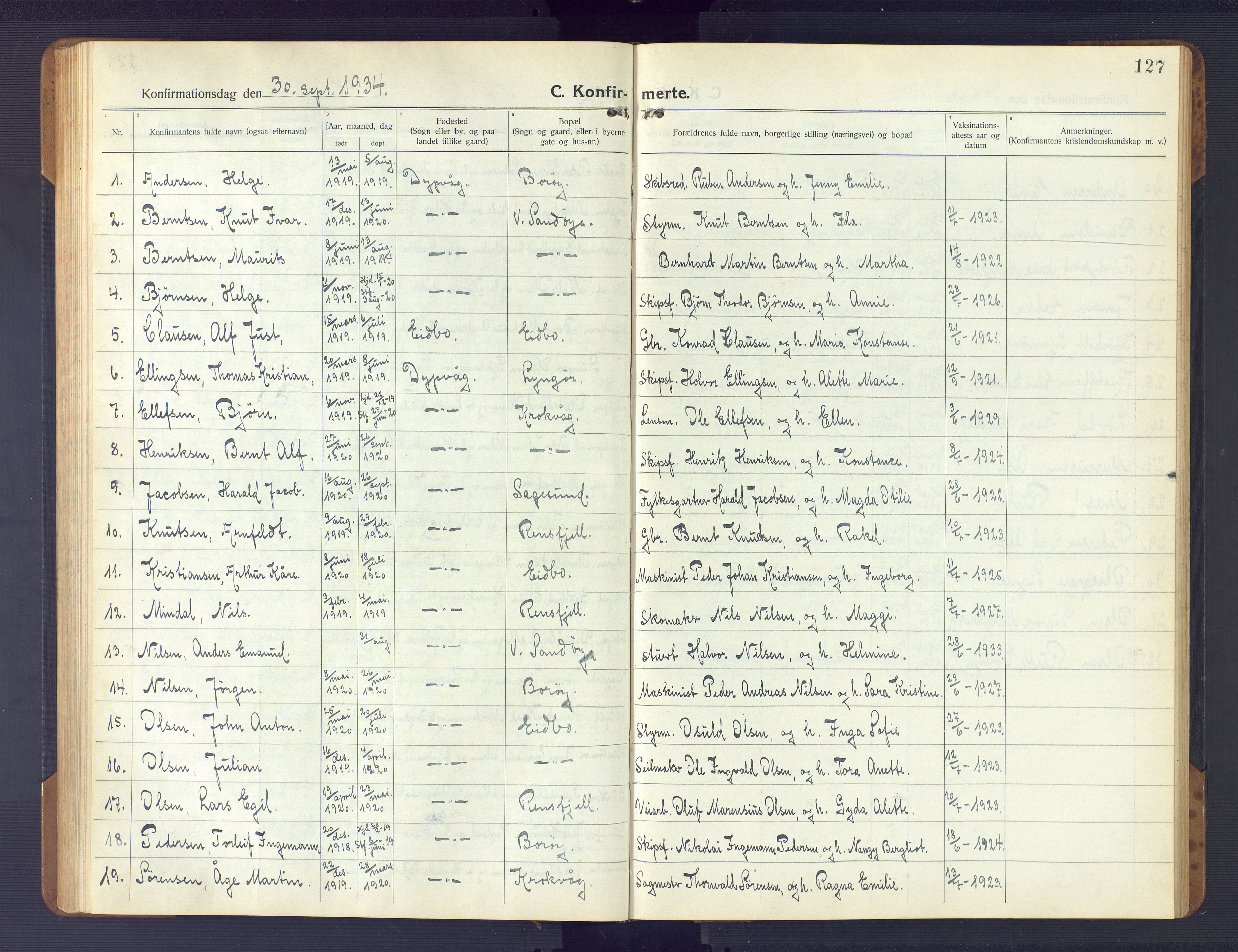 Dypvåg sokneprestkontor, AV/SAK-1111-0007/F/Fb/Fba/L0015: Klokkerbok nr. B 15, 1922-1949, s. 127