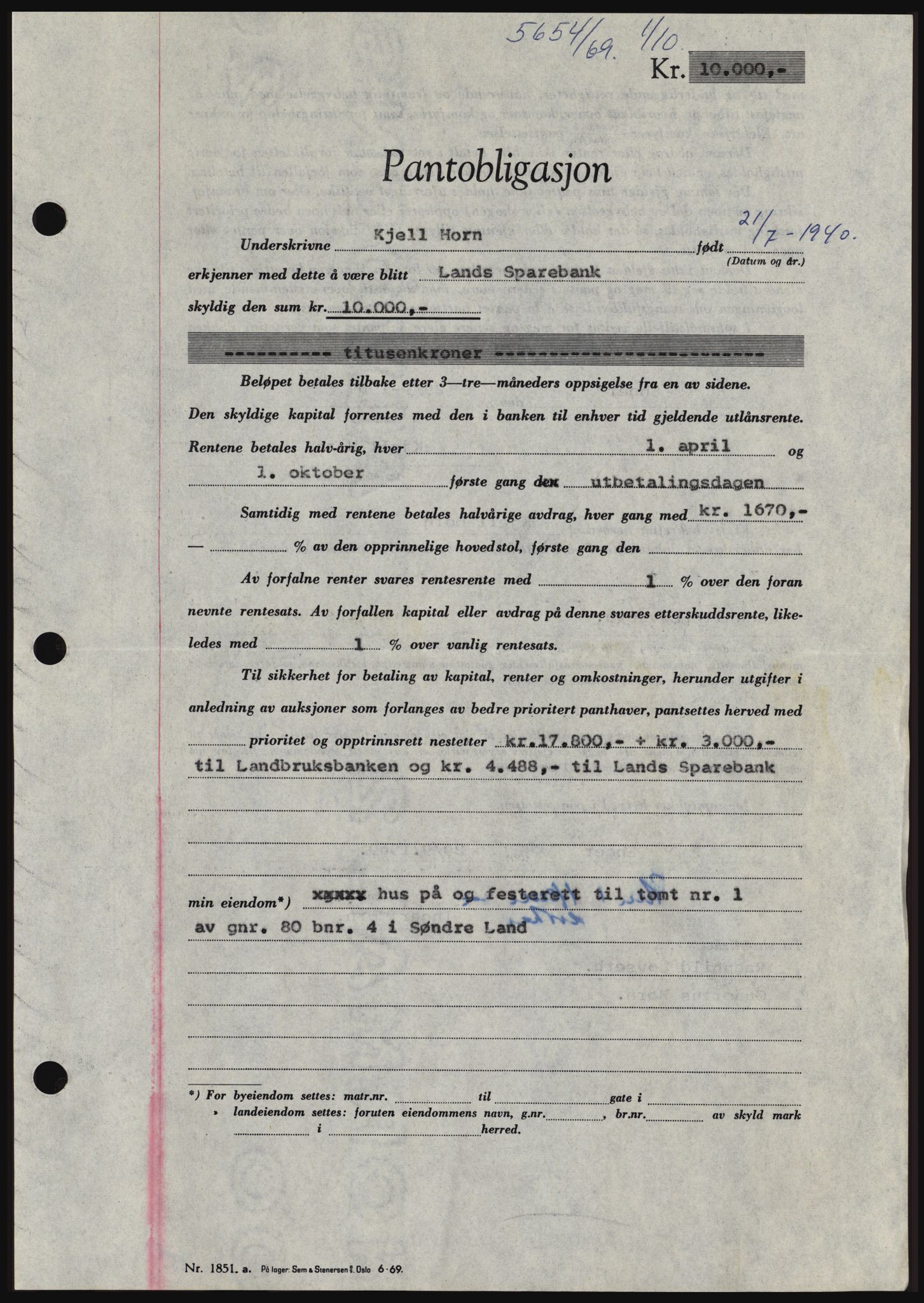 Hadeland og Land tingrett, SAH/TING-010/H/Hb/Hbc/L0074: Pantebok nr. B74, 1969-1969, Dagboknr: 5654/1969