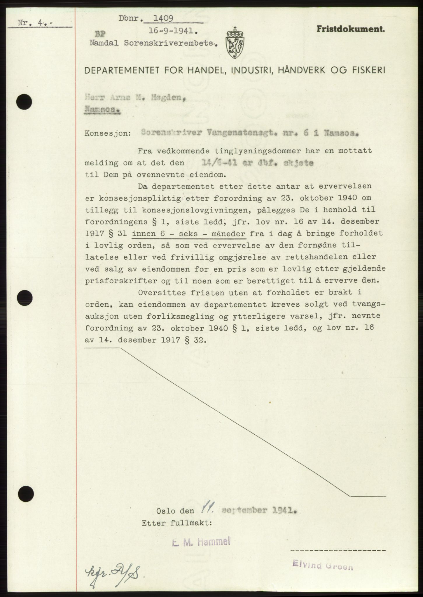 Namdal sorenskriveri, SAT/A-4133/1/2/2C: Pantebok nr. -, 1941-1942, Dagboknr: 1409/1941