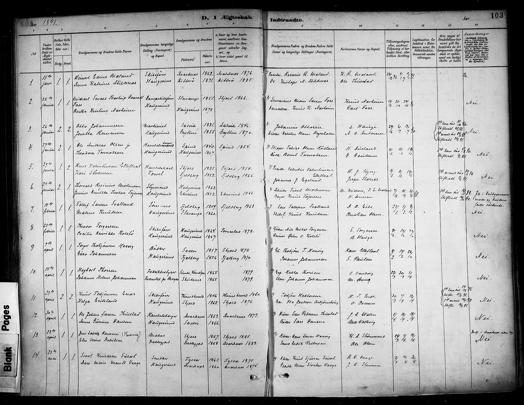 Haugesund sokneprestkontor, AV/SAST-A -101863/H/Ha/Haa/L0005: Ministerialbok nr. A 5, 1891-1903, s. 103