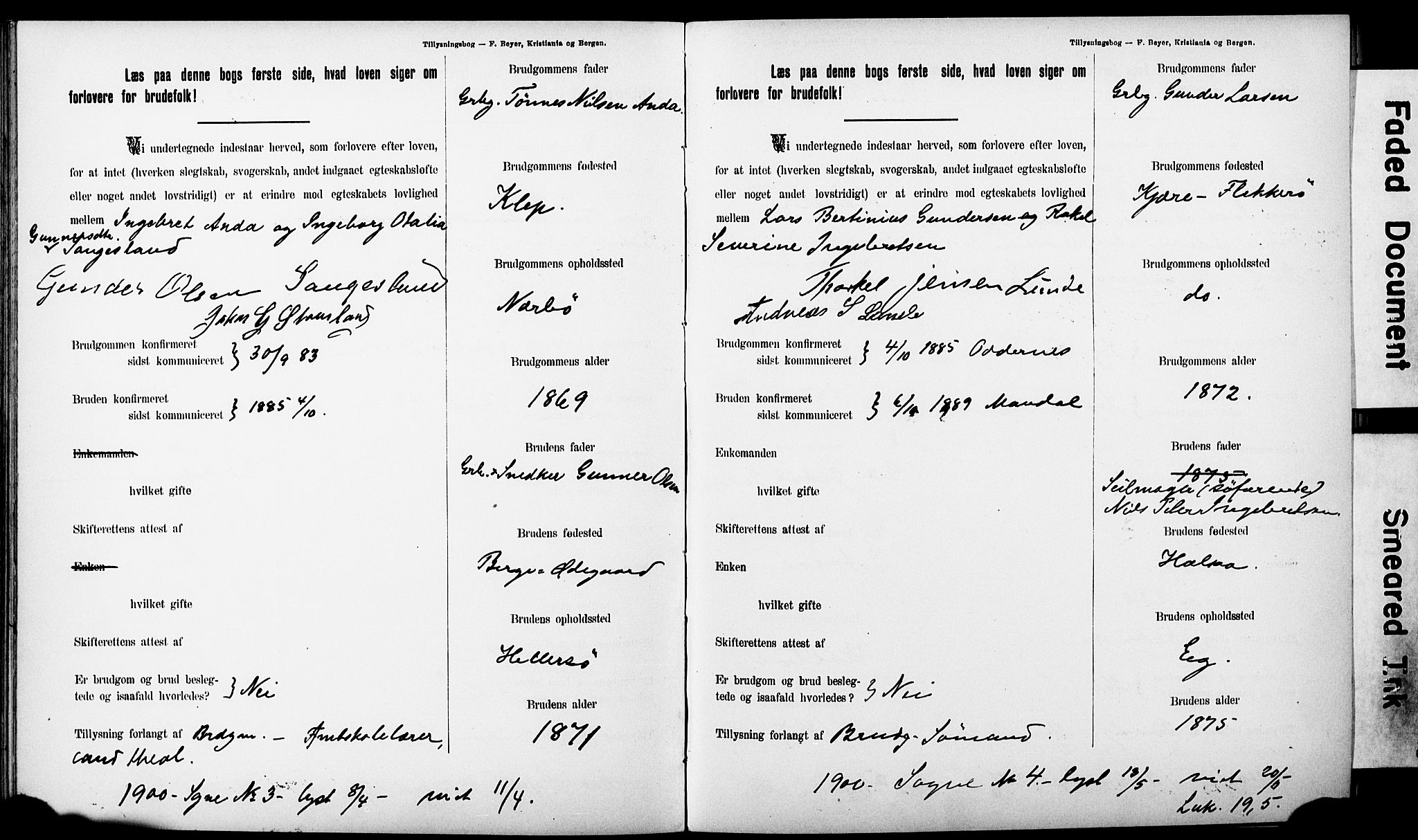 Ullensaker prestekontor Kirkebøker, AV/SAO-A-10236a/H/Ha/L0001: Lysningsprotokoll nr. 1, 1892-1910