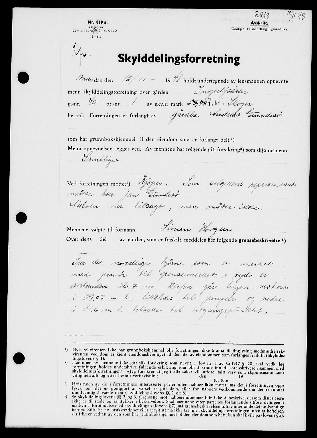 Holmestrand sorenskriveri, SAKO/A-67/G/Ga/Gaa/L0065: Pantebok nr. A-65, 1948-1949, Dagboknr: 2213/1948