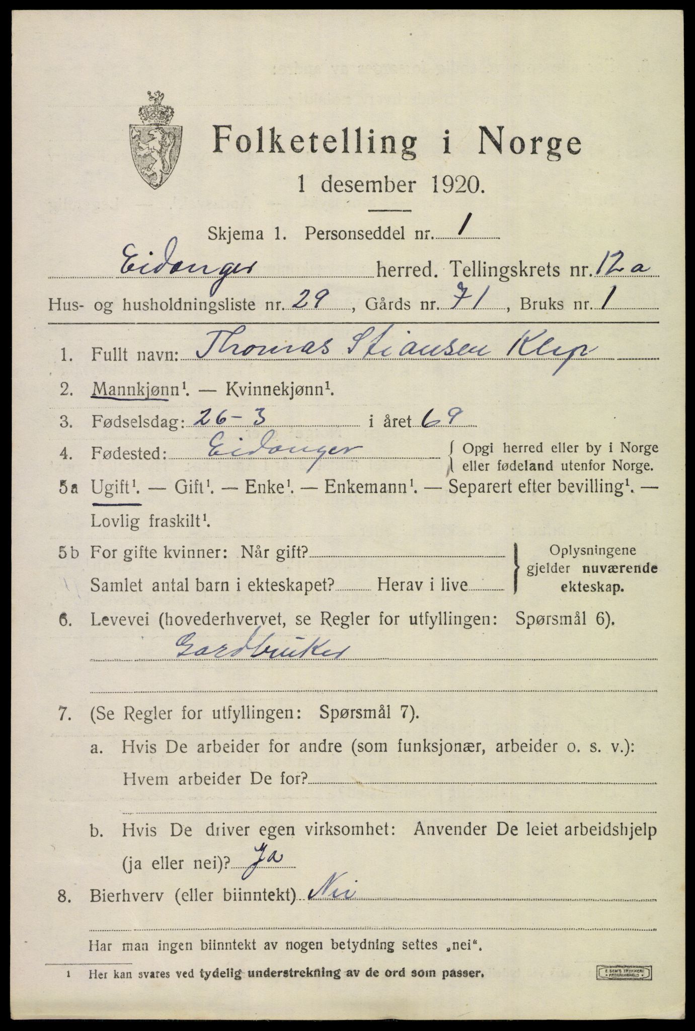 SAKO, Folketelling 1920 for 0813 Eidanger herred, 1920, s. 7500