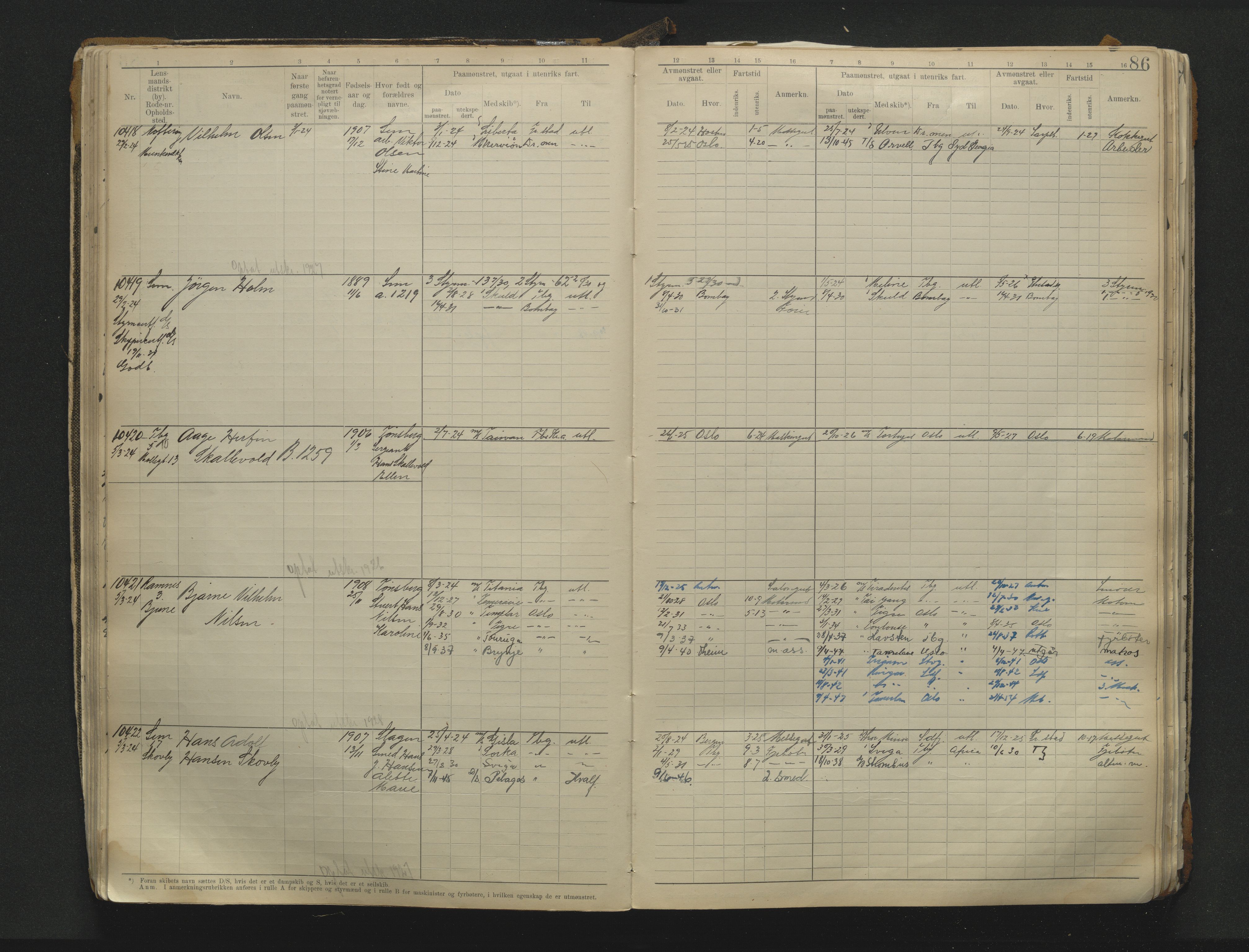 Tønsberg innrulleringskontor, AV/SAKO-A-786/F/Fc/Fca/L0012: Hovedrulle Patent nr. 9993-11479, 1922-1928, s. 86