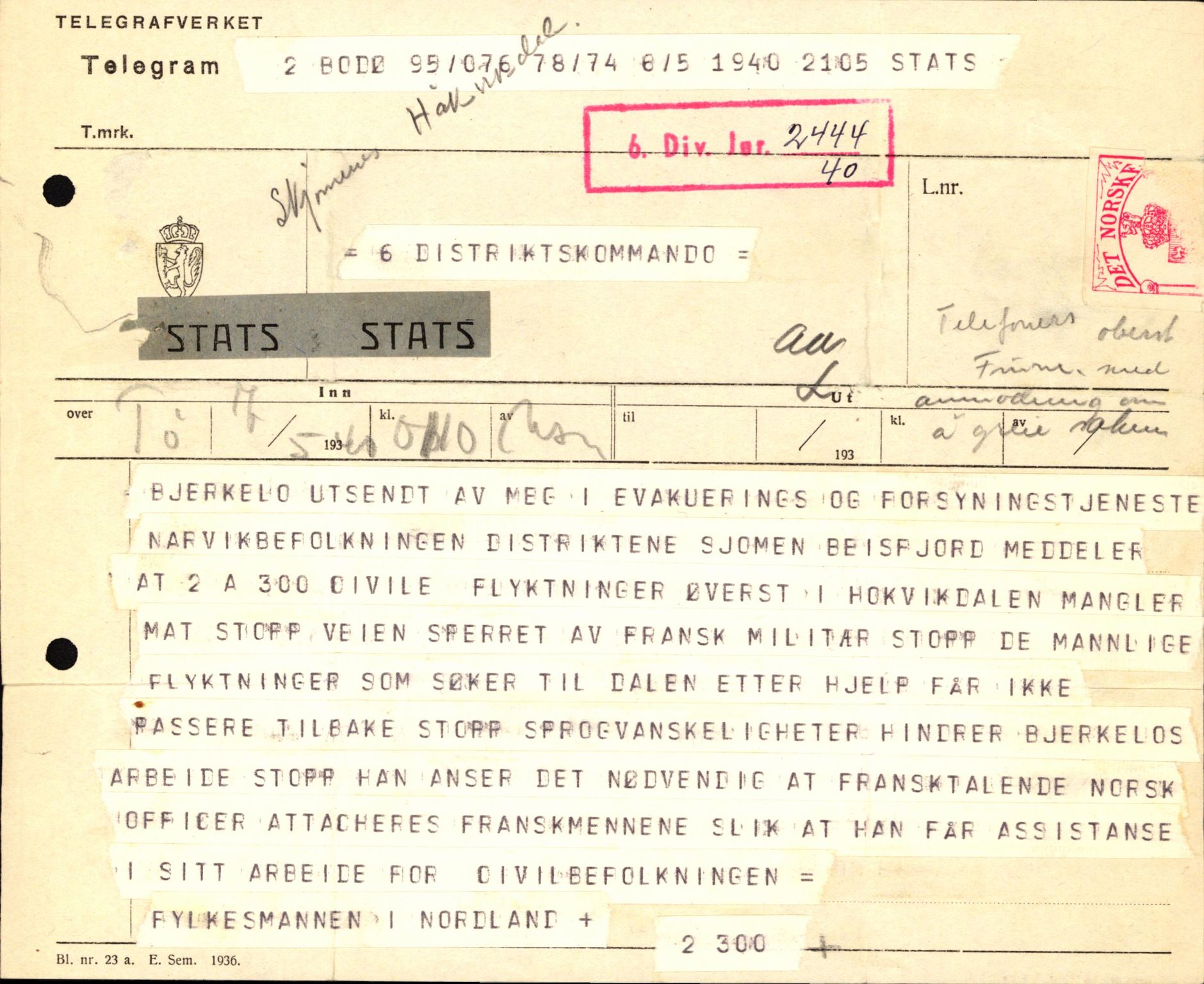 Forsvaret, Forsvarets krigshistoriske avdeling, AV/RA-RAFA-2017/Y/Yb/L0123: II-C-11-600  -  6. Divisjon med avdelinger, 1940, s. 464