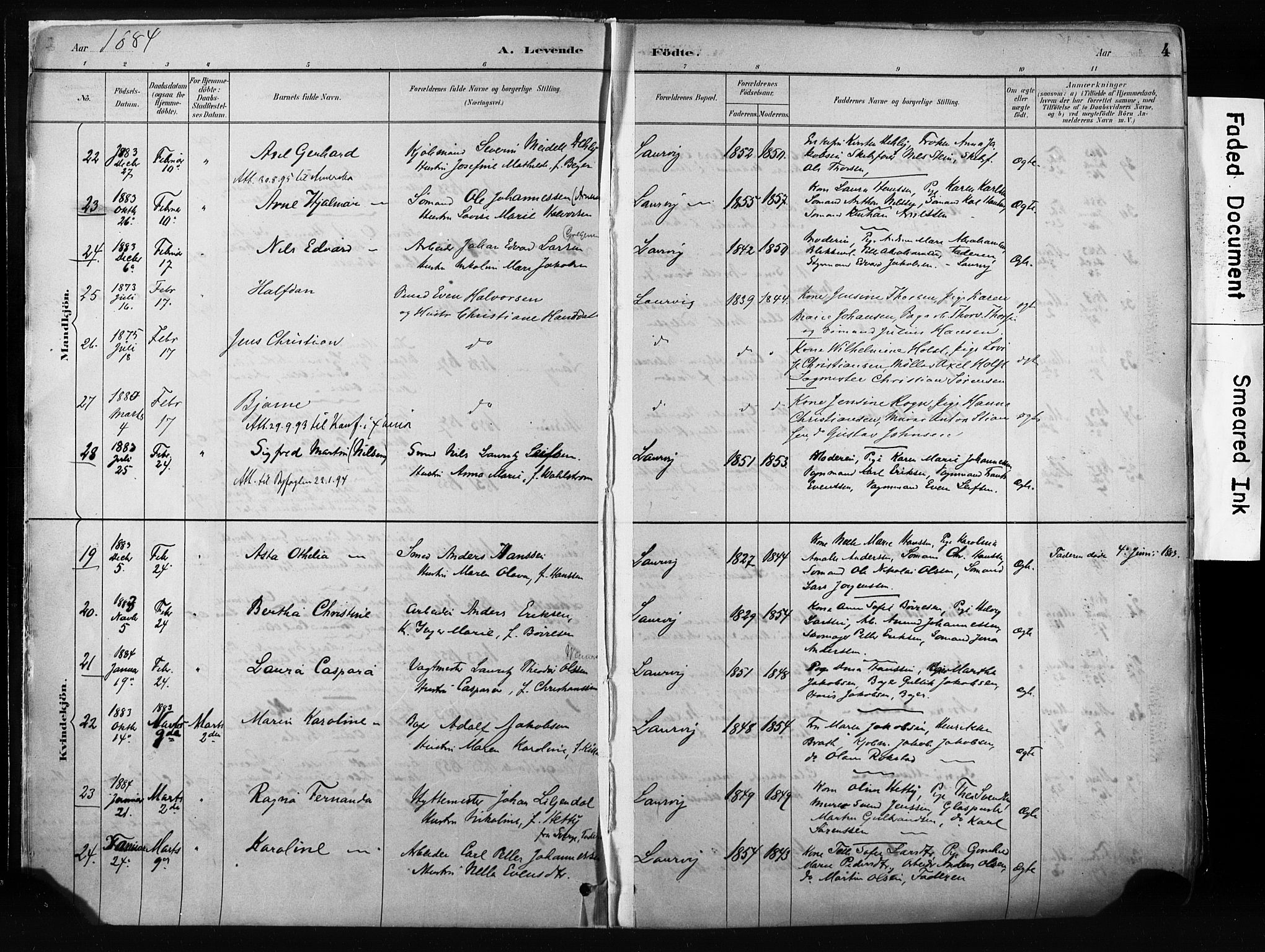 Larvik kirkebøker, AV/SAKO-A-352/F/Fa/L0009: Ministerialbok nr. I 9, 1884-1904, s. 4