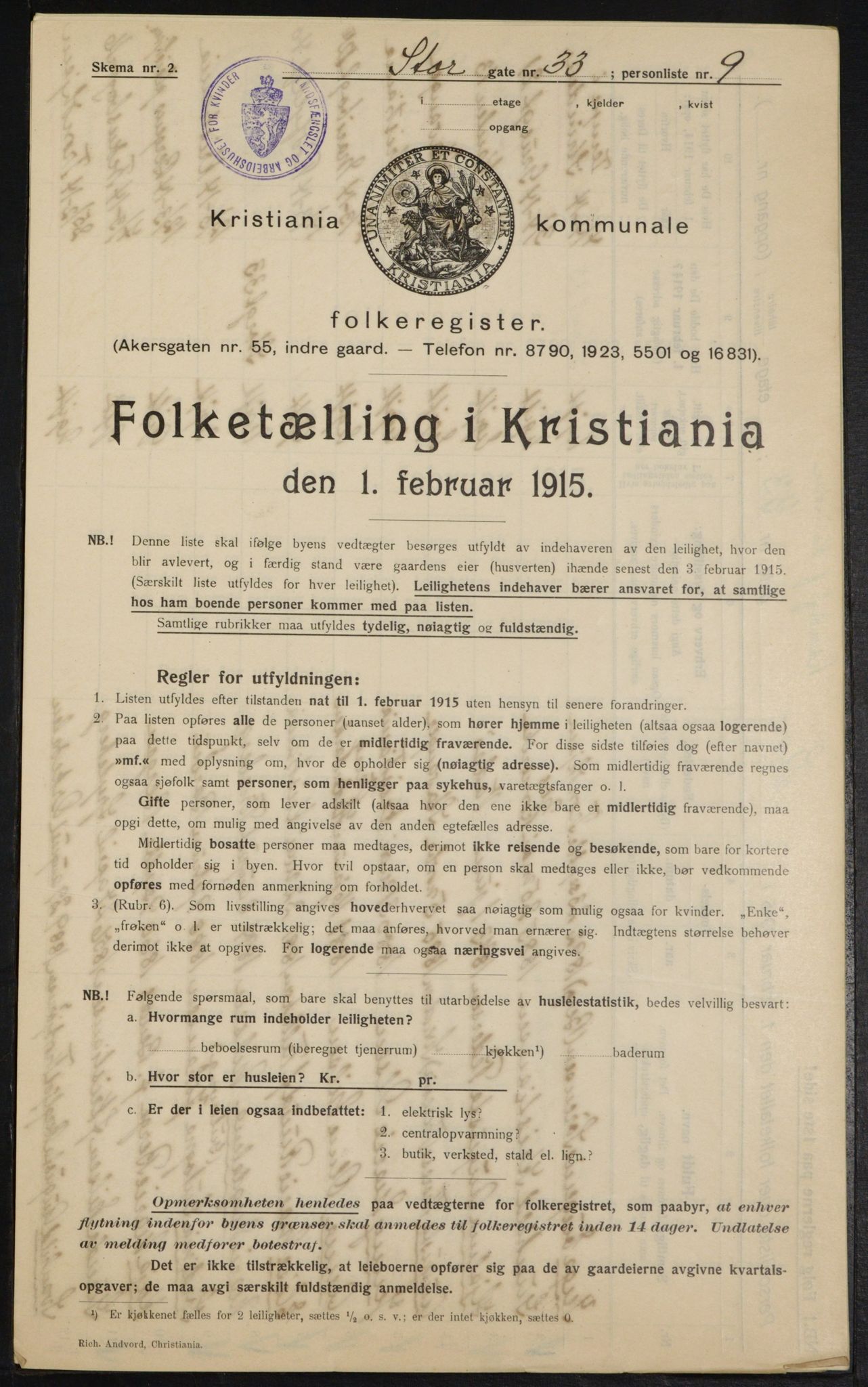 OBA, Kommunal folketelling 1.2.1915 for Kristiania, 1915, s. 103315