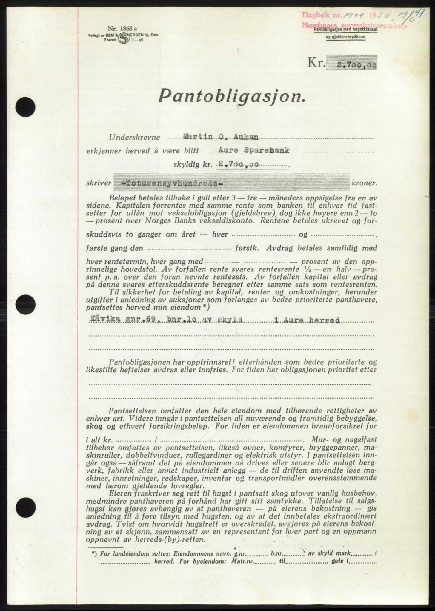 Nordmøre sorenskriveri, AV/SAT-A-4132/1/2/2Ca: Pantebok nr. B105, 1950-1950, Dagboknr: 1944/1950