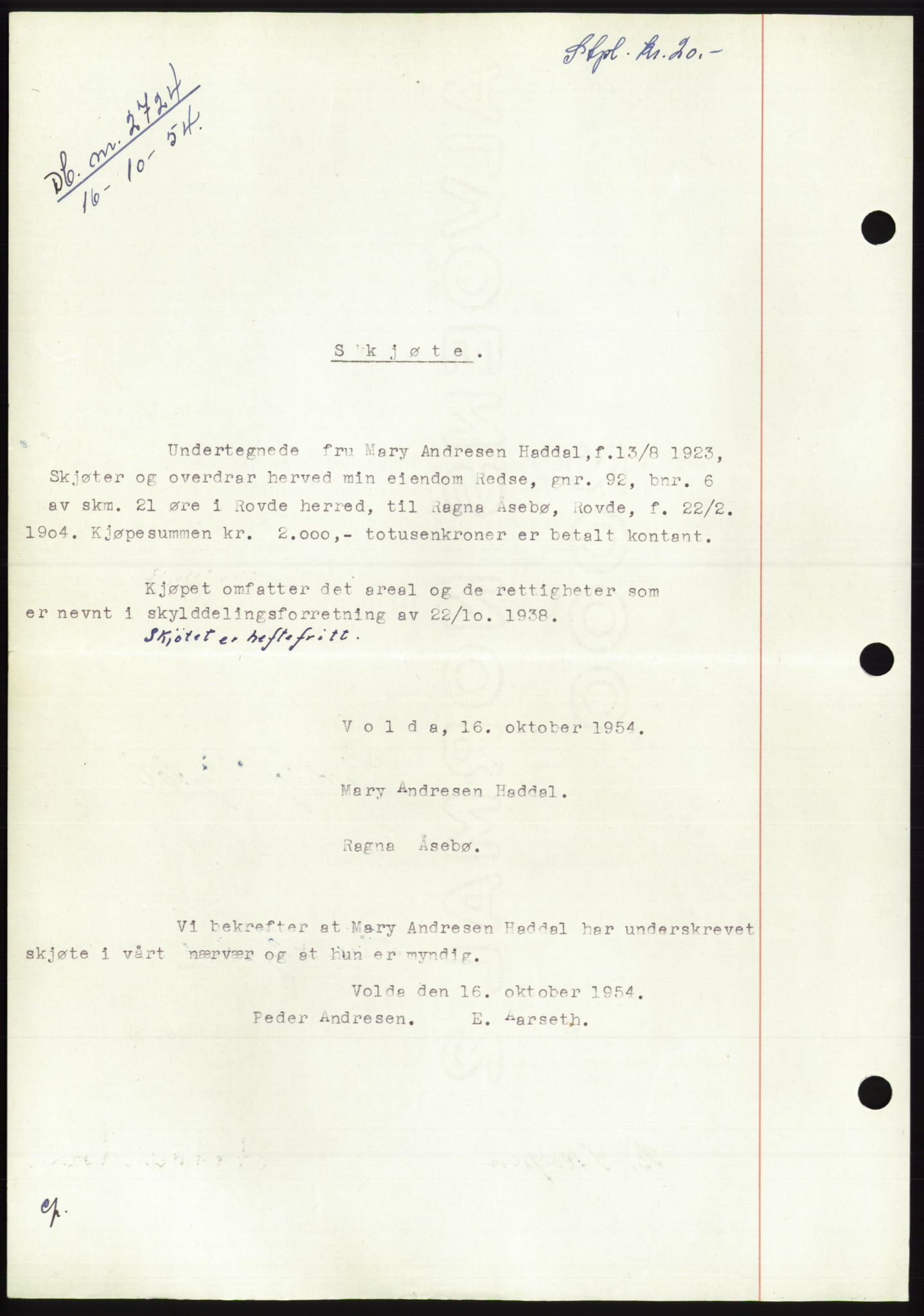 Søre Sunnmøre sorenskriveri, AV/SAT-A-4122/1/2/2C/L0099: Pantebok nr. 25A, 1954-1954, Dagboknr: 2724/1954