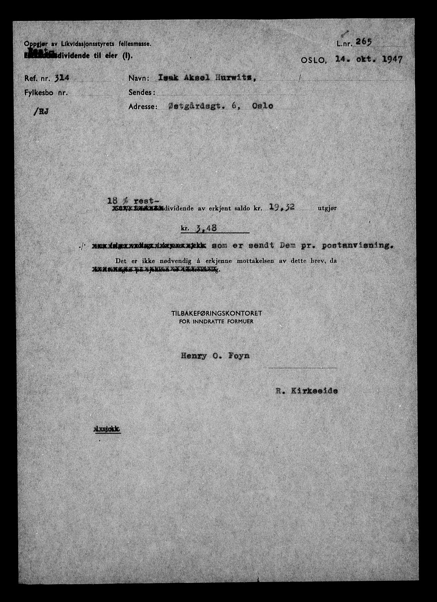 Justisdepartementet, Tilbakeføringskontoret for inndratte formuer, AV/RA-S-1564/H/Hc/Hcc/L0944: --, 1945-1947, s. 627