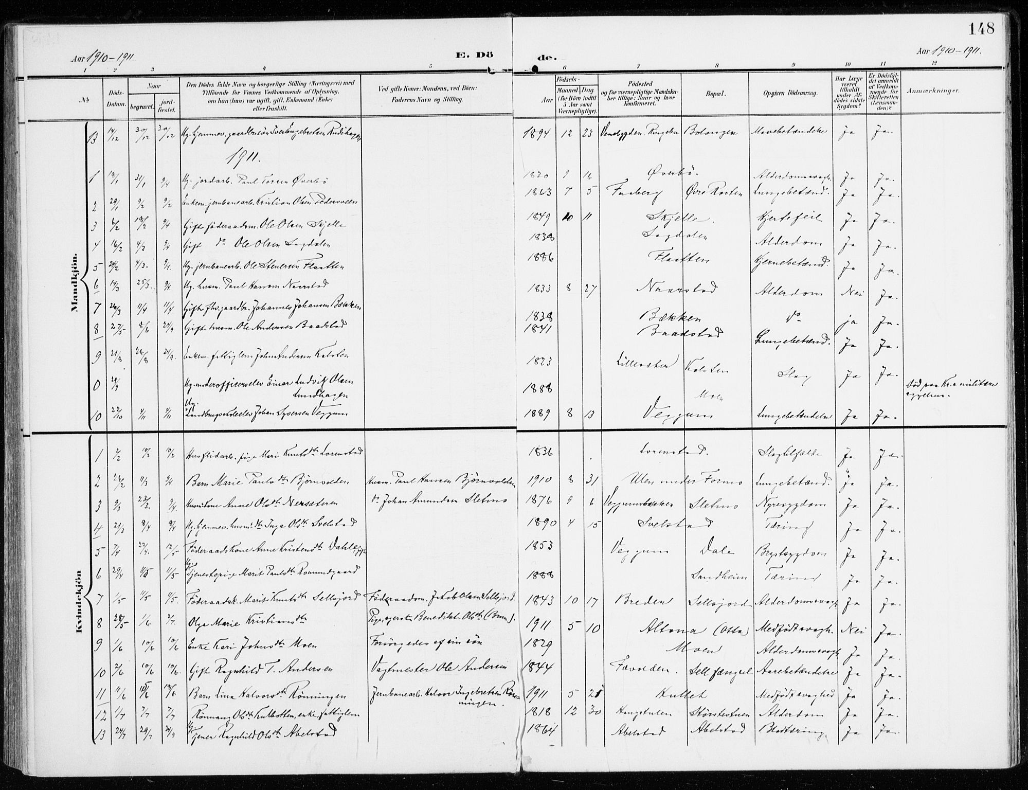 Sel prestekontor, SAH/PREST-074/H/Ha/Haa/L0002: Ministerialbok nr. 2, 1905-1919, s. 148