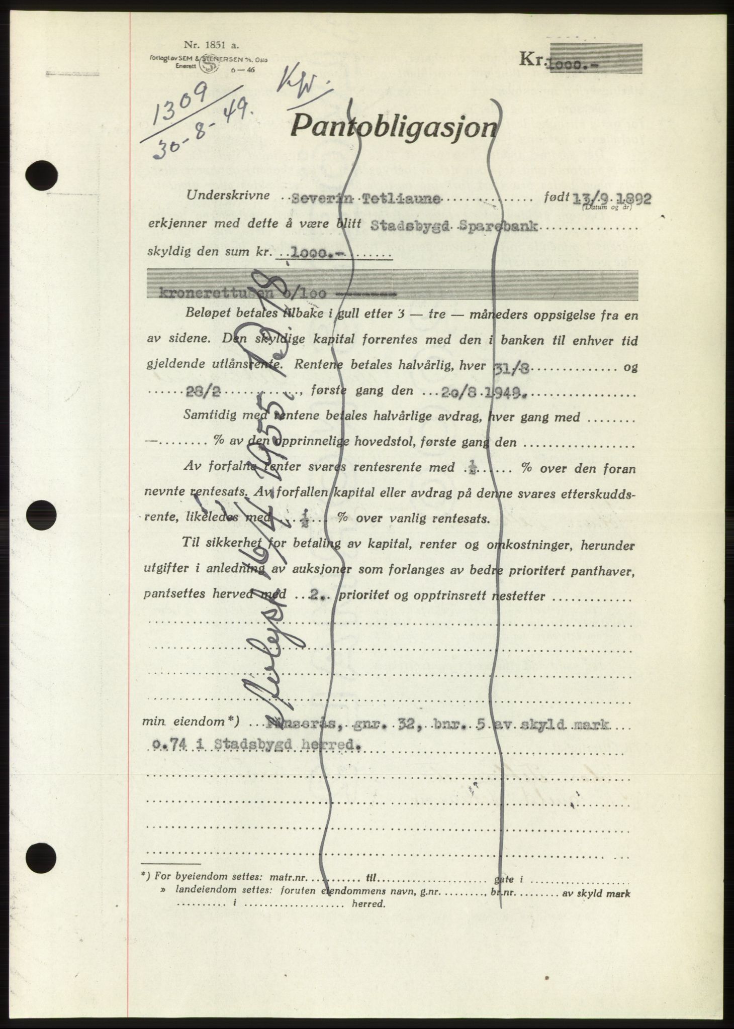 Fosen sorenskriveri, AV/SAT-A-1107/1/2/2C: Pantebok nr. B, 1948-1950, Dagboknr: 1309/1949