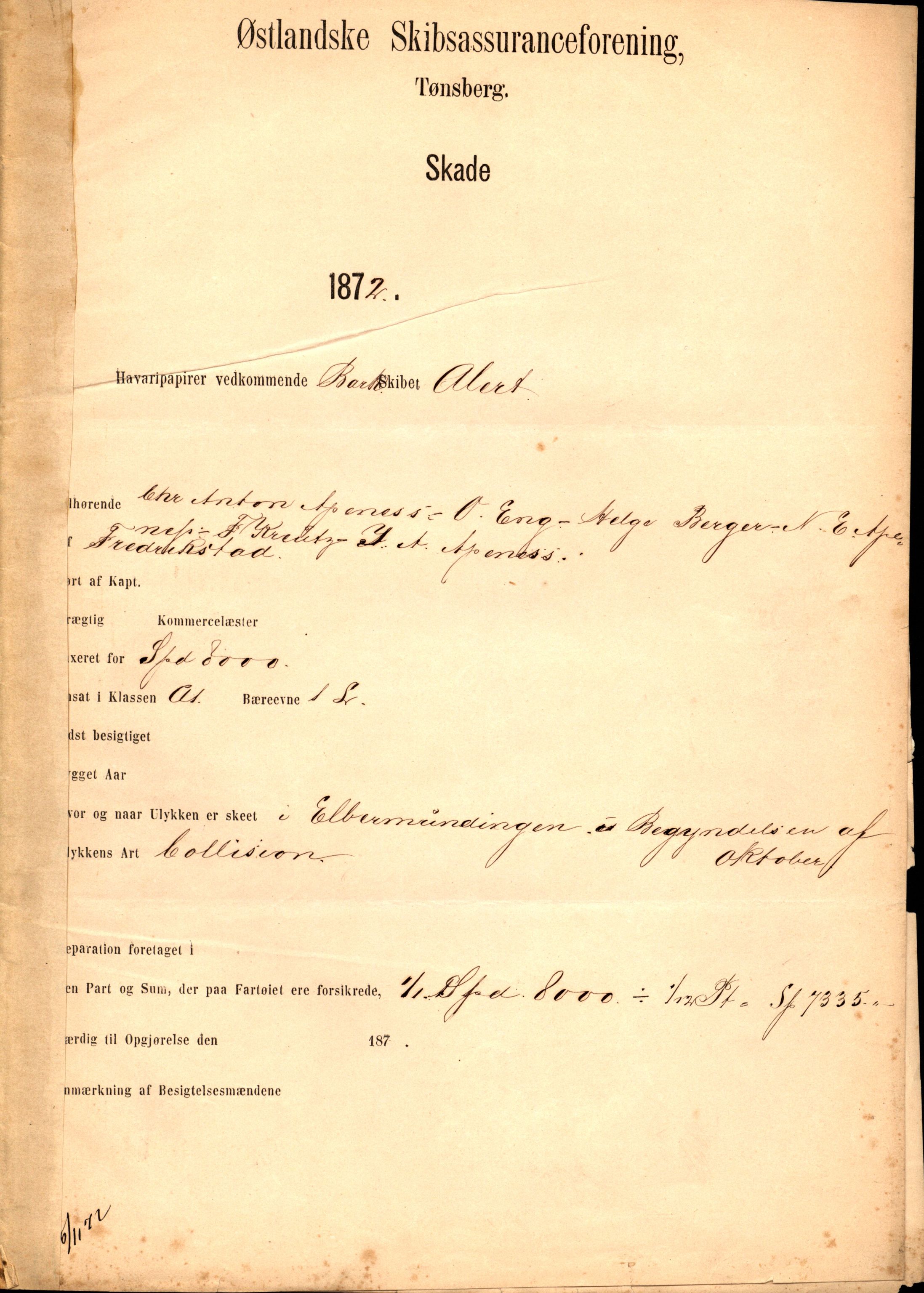 Pa 63 - Østlandske skibsassuranceforening, VEMU/A-1079/G/Ga/L0003/0030: Havaridokumenter / Alert, 1872
