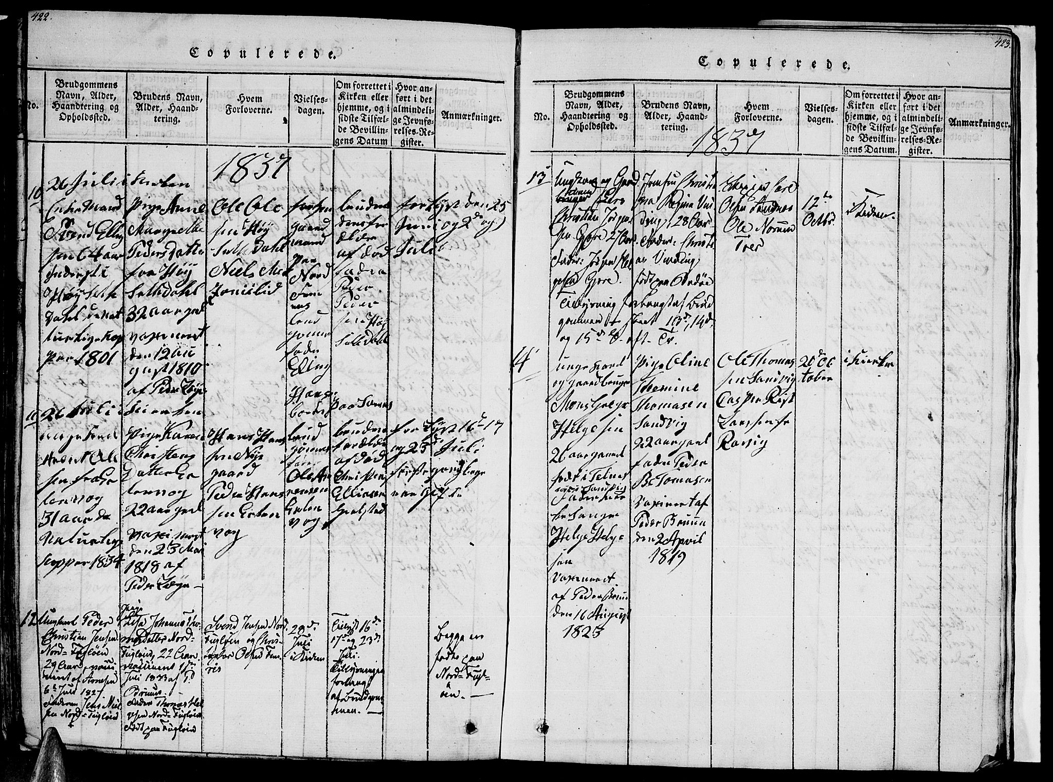 Ministerialprotokoller, klokkerbøker og fødselsregistre - Nordland, AV/SAT-A-1459/805/L0105: Klokkerbok nr. 805C01, 1820-1839, s. 422-423