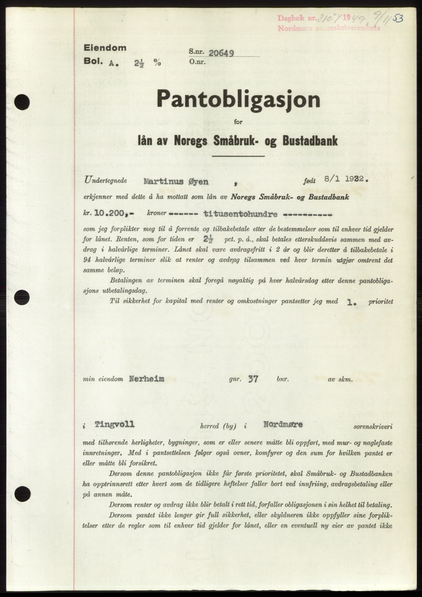 Nordmøre sorenskriveri, SAT/A-4132/1/2/2Ca: Pantebok nr. B103, 1949-1950, Dagboknr: 3107/1949