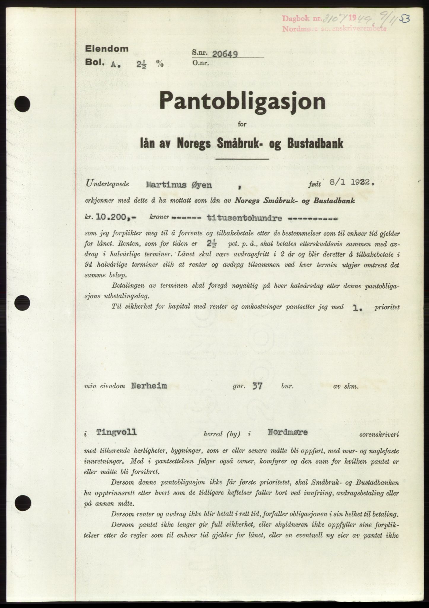 Nordmøre sorenskriveri, AV/SAT-A-4132/1/2/2Ca: Pantebok nr. B103, 1949-1950, Dagboknr: 3107/1949