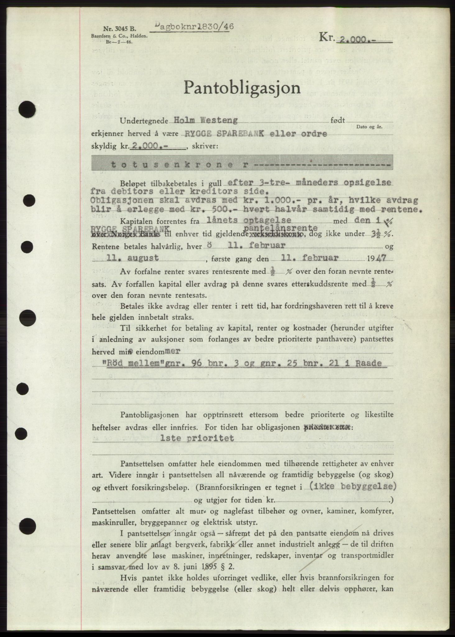 Moss sorenskriveri, SAO/A-10168: Pantebok nr. B15, 1946-1946, Dagboknr: 1830/1946