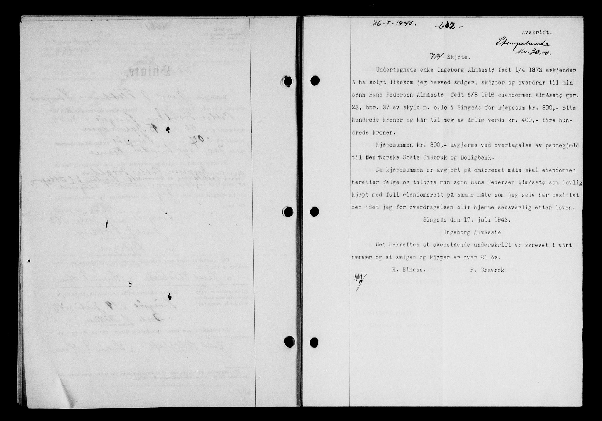Gauldal sorenskriveri, SAT/A-0014/1/2/2C/L0056: Pantebok nr. 61, 1942-1943, Dagboknr: 714/1943