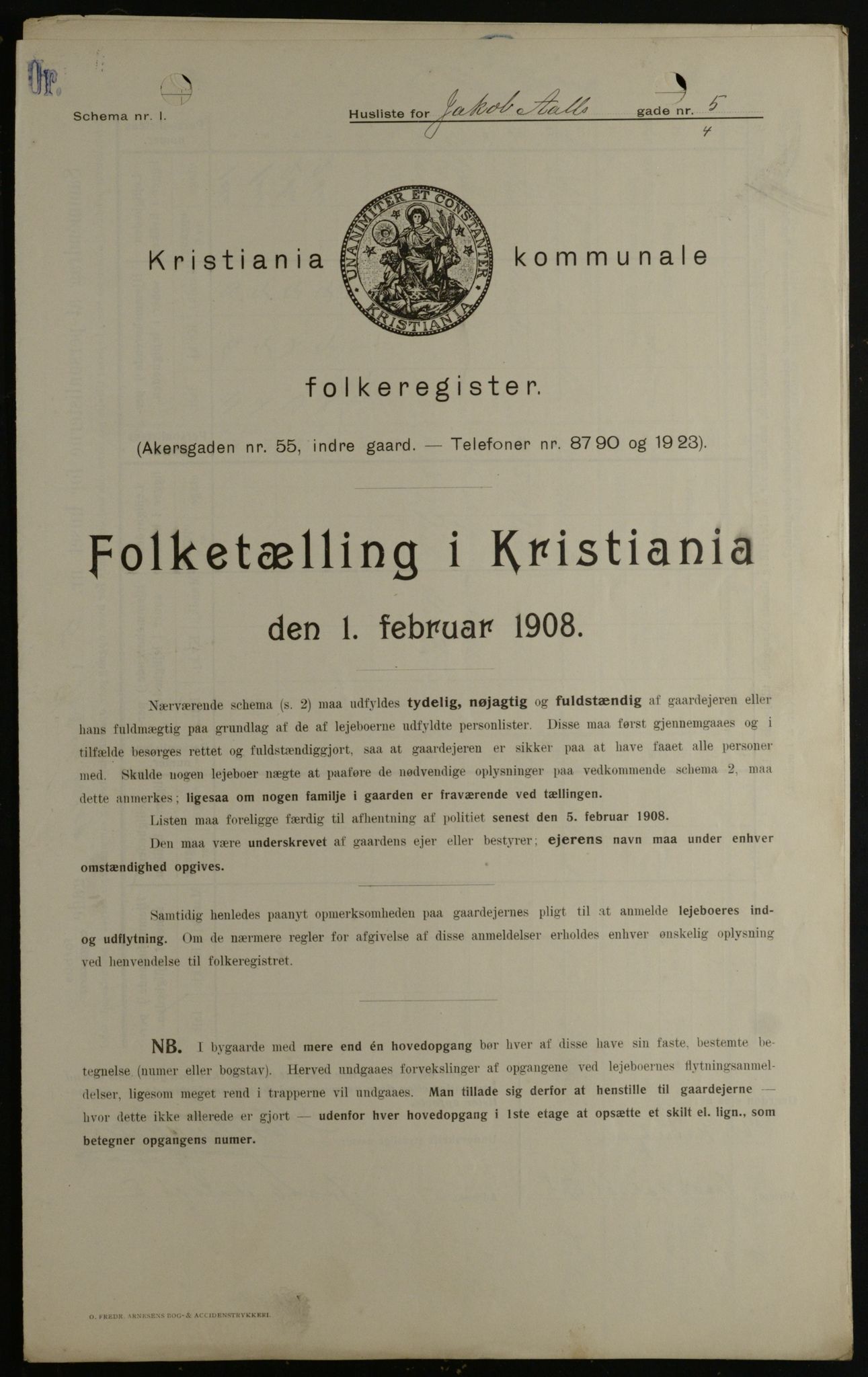 OBA, Kommunal folketelling 1.2.1908 for Kristiania kjøpstad, 1908, s. 40136