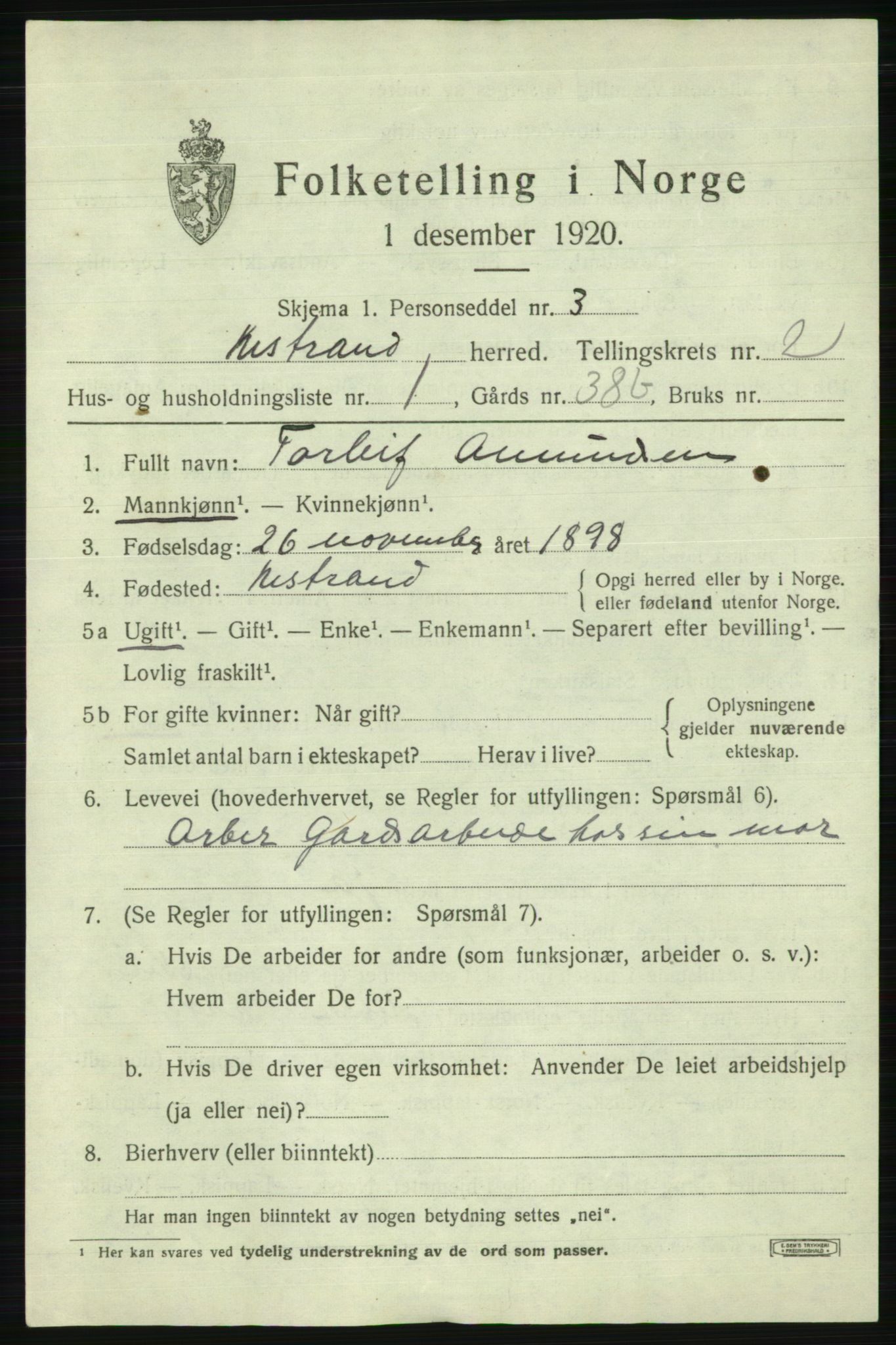 SATØ, Folketelling 1920 for 2020 Kistrand herred, 1920, s. 1494