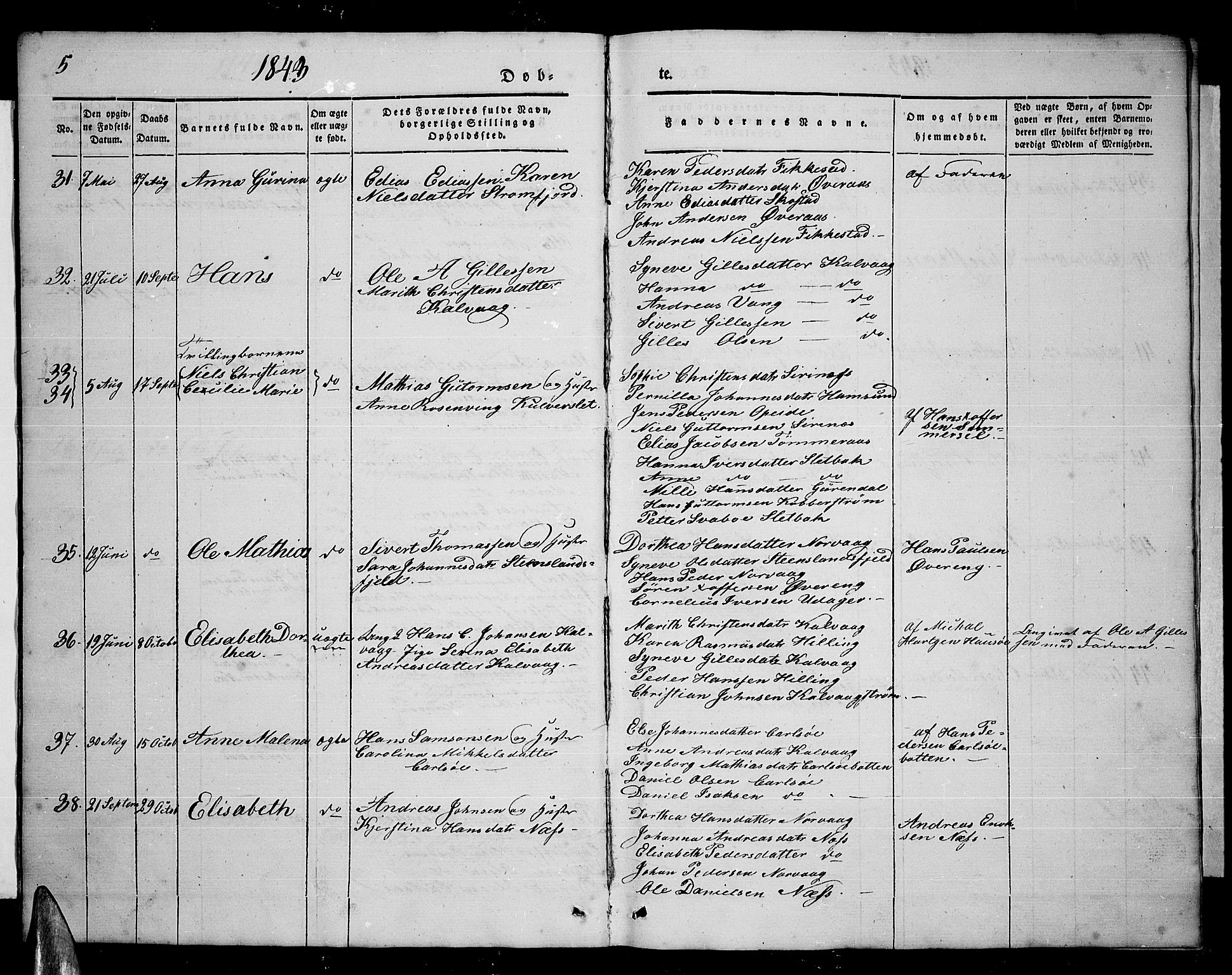 Ministerialprotokoller, klokkerbøker og fødselsregistre - Nordland, AV/SAT-A-1459/859/L0856: Klokkerbok nr. 859C02, 1843-1854, s. 5