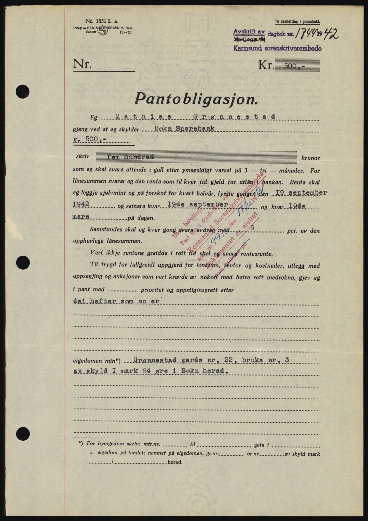 Karmsund sorenskriveri, SAST/A-100311/01/II/IIBBE/L0008: Pantebok nr. B 54, 1942-1943, Dagboknr: 1744/1942