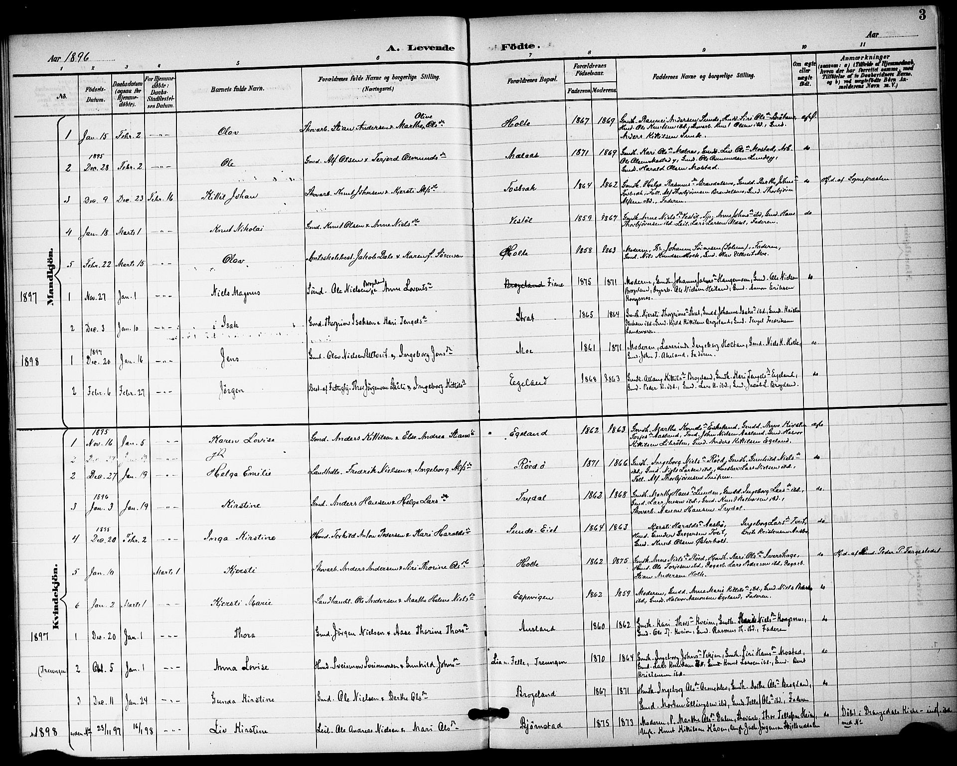 Gjerstad sokneprestkontor, AV/SAK-1111-0014/F/Fa/Fac/L0001: Kladd til kirkebok nr. A VI 1, 1894-1898, s. 3