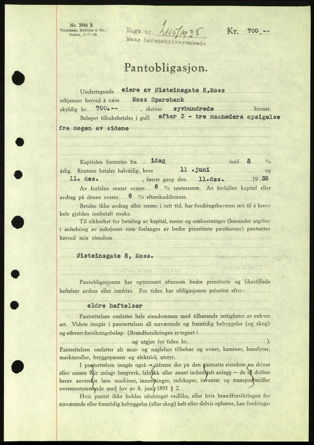 Moss sorenskriveri, SAO/A-10168: Pantebok nr. B6, 1938-1938, Dagboknr: 2105/1938