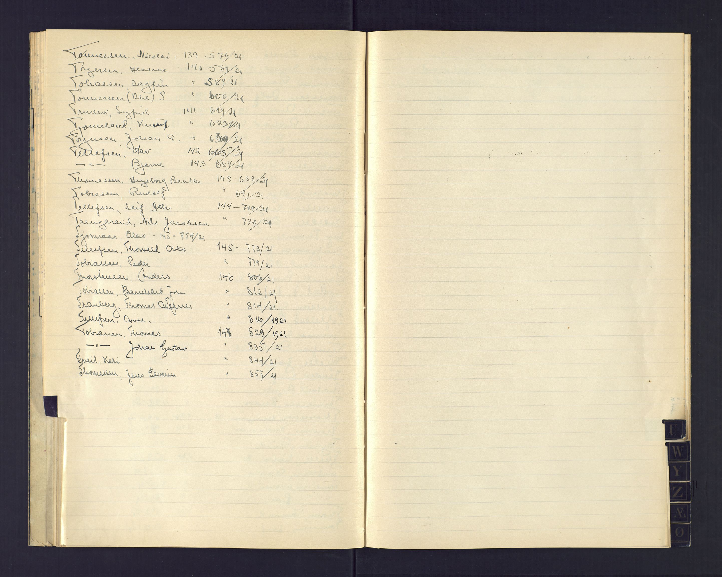 Kristiansand politikammer, AV/SAK-1243-0004/K/Ka/L0234: Register til passprotokoll, 1921, s. 39
