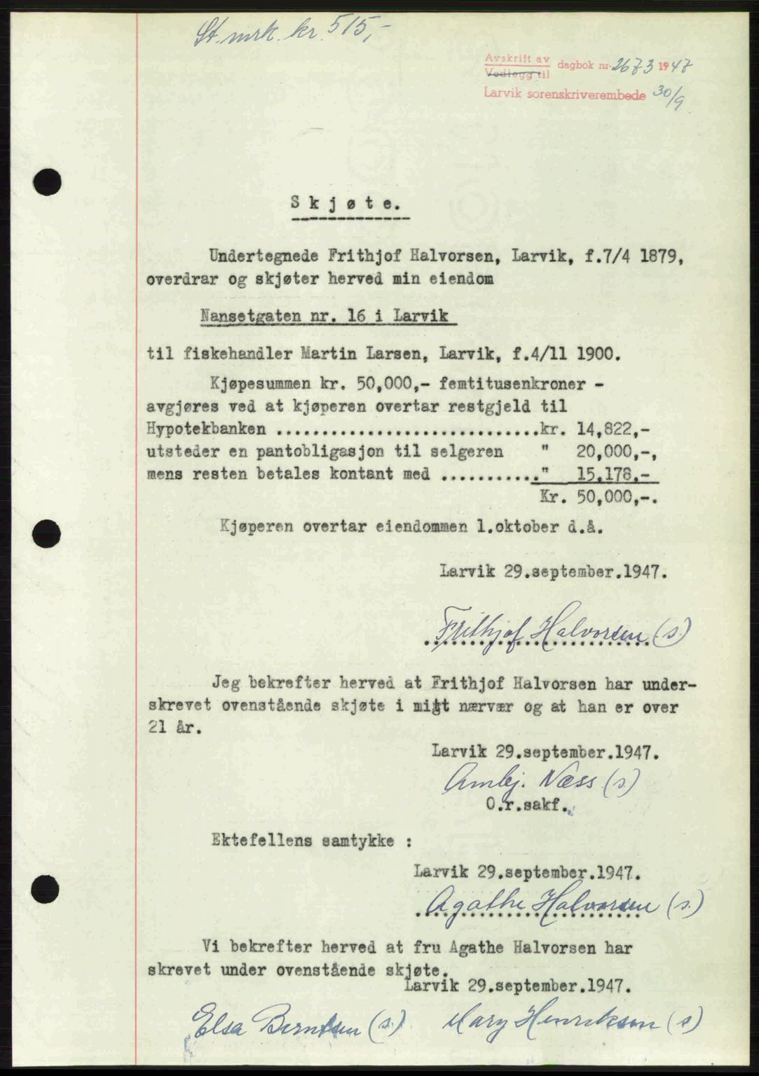 Larvik sorenskriveri, SAKO/A-83/G/Ga/Gab/L0085: Pantebok nr. A-19, 1947-1948, Dagboknr: 2673/1947