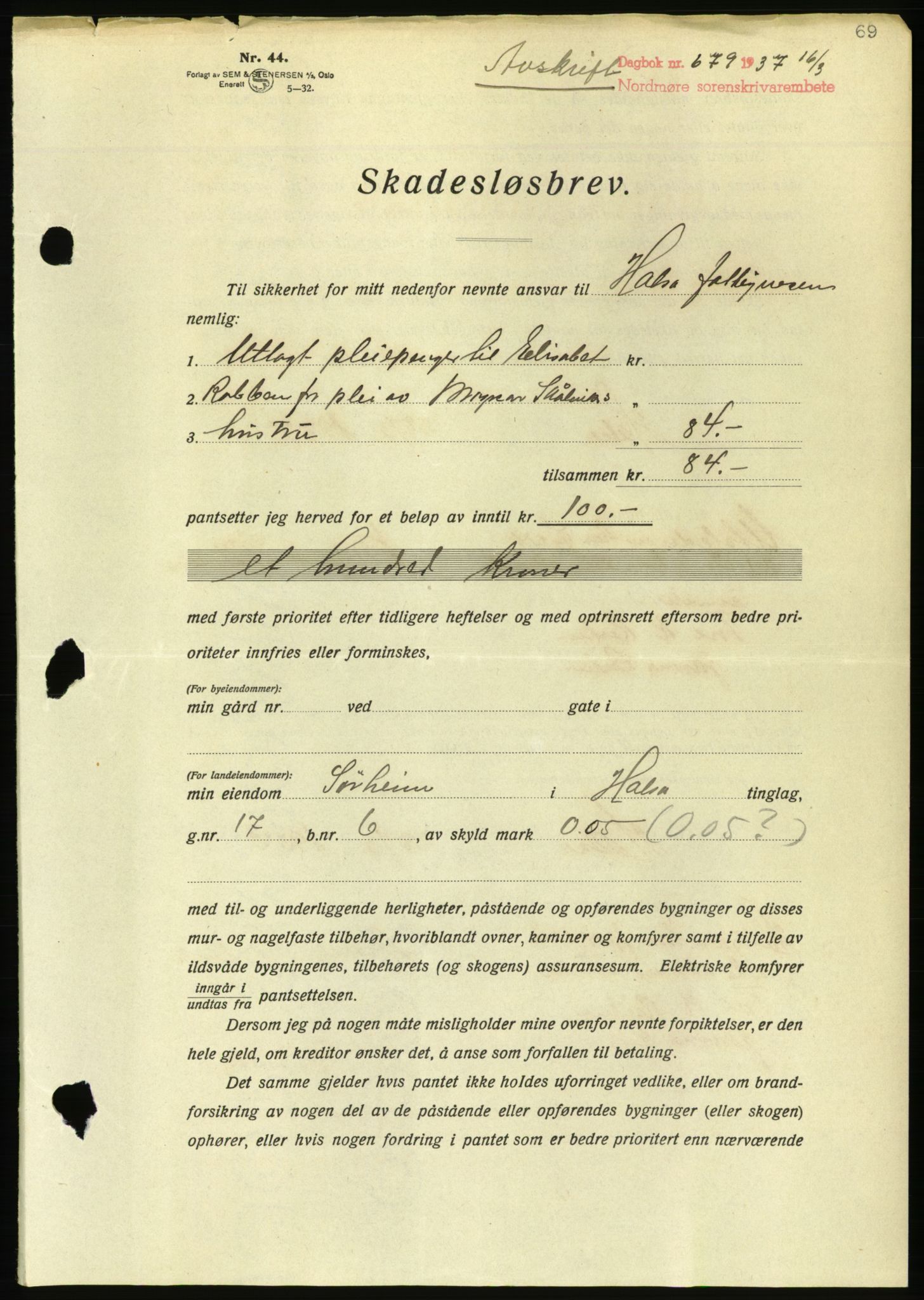 Nordmøre sorenskriveri, AV/SAT-A-4132/1/2/2Ca/L0091: Pantebok nr. B81, 1937-1937, Dagboknr: 679/1937