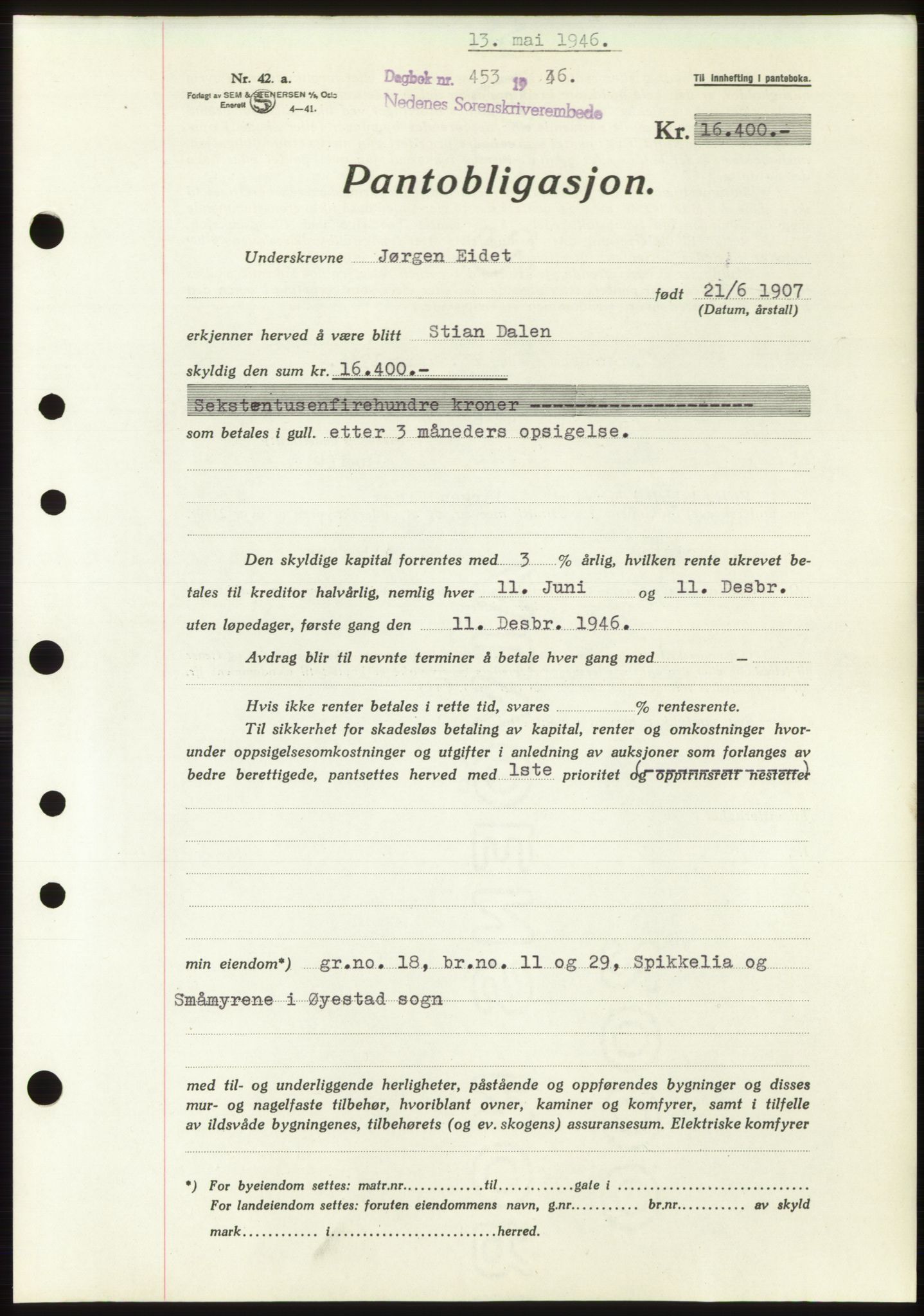 Nedenes sorenskriveri, SAK/1221-0006/G/Gb/Gbb/L0003: Pantebok nr. B3b, 1946-1946, Dagboknr: 453/1946