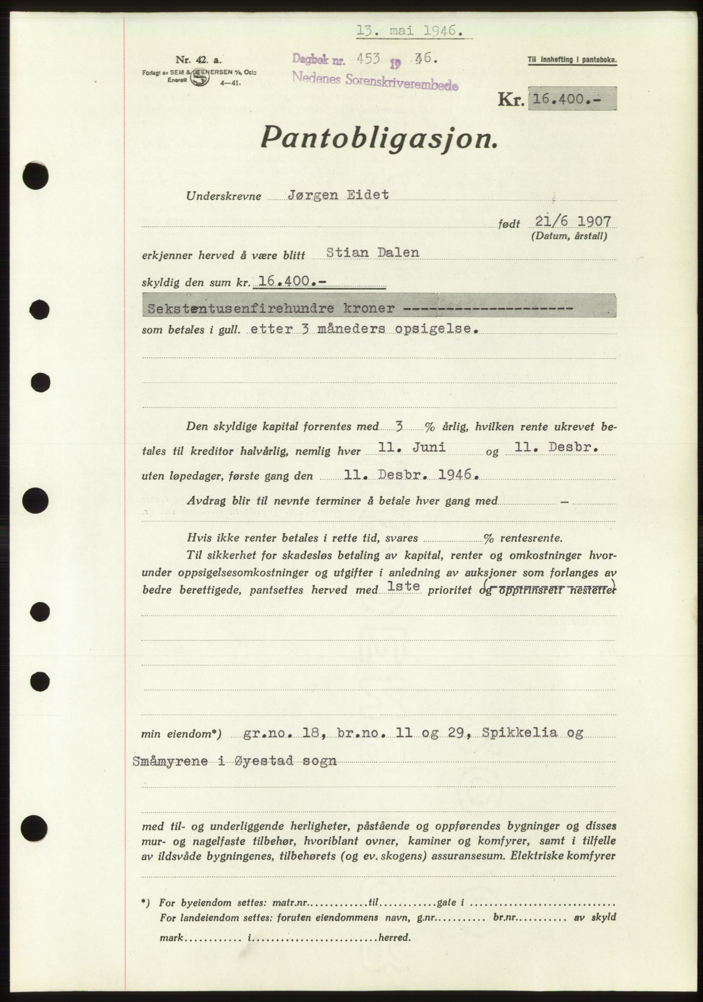 Nedenes sorenskriveri, AV/SAK-1221-0006/G/Gb/Gbb/L0003: Pantebok nr. B3b, 1946-1946, Dagboknr: 453/1946