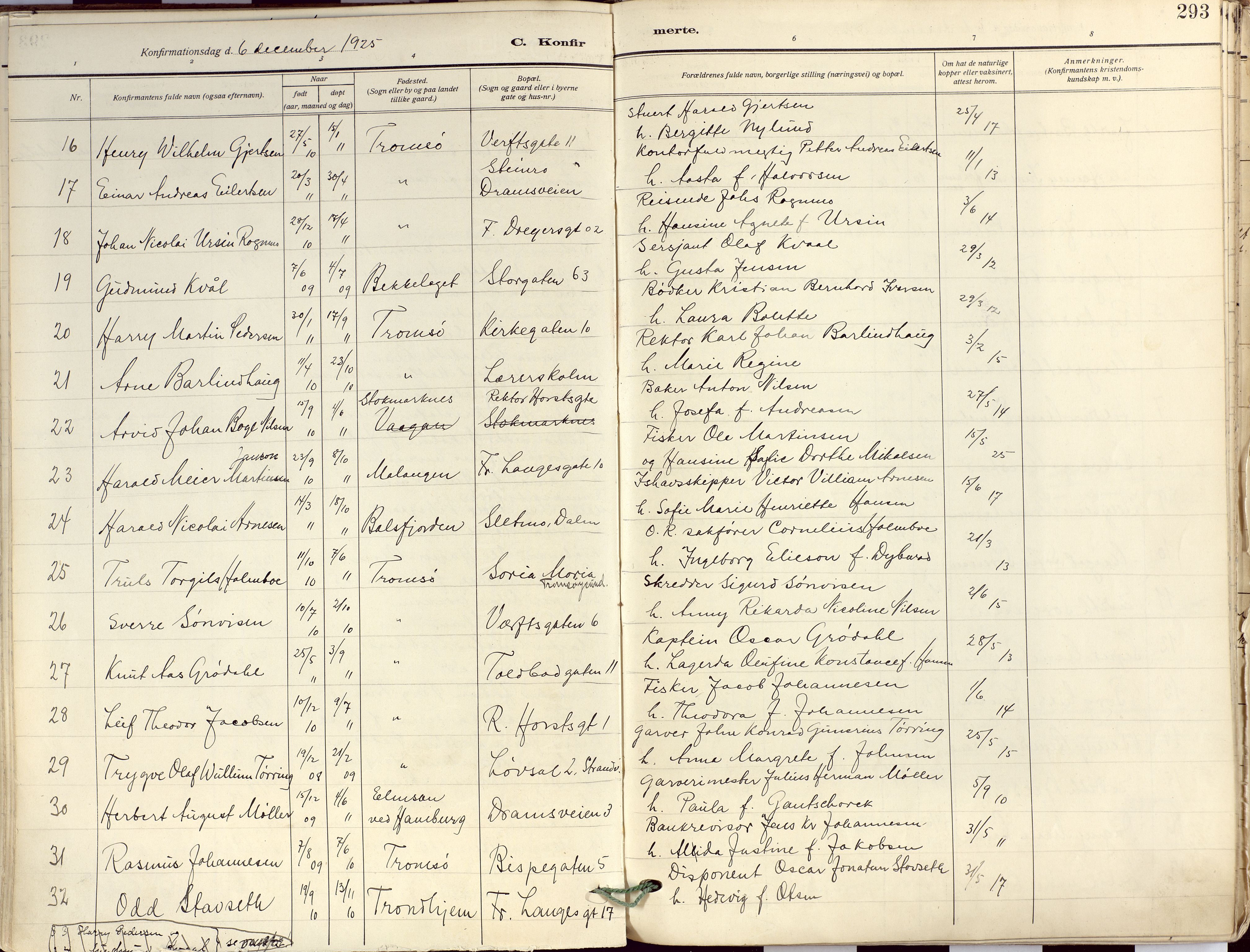 Tromsø sokneprestkontor/stiftsprosti/domprosti, AV/SATØ-S-1343/G/Ga/L0019kirke: Ministerialbok nr. 19, 1917-1927, s. 293