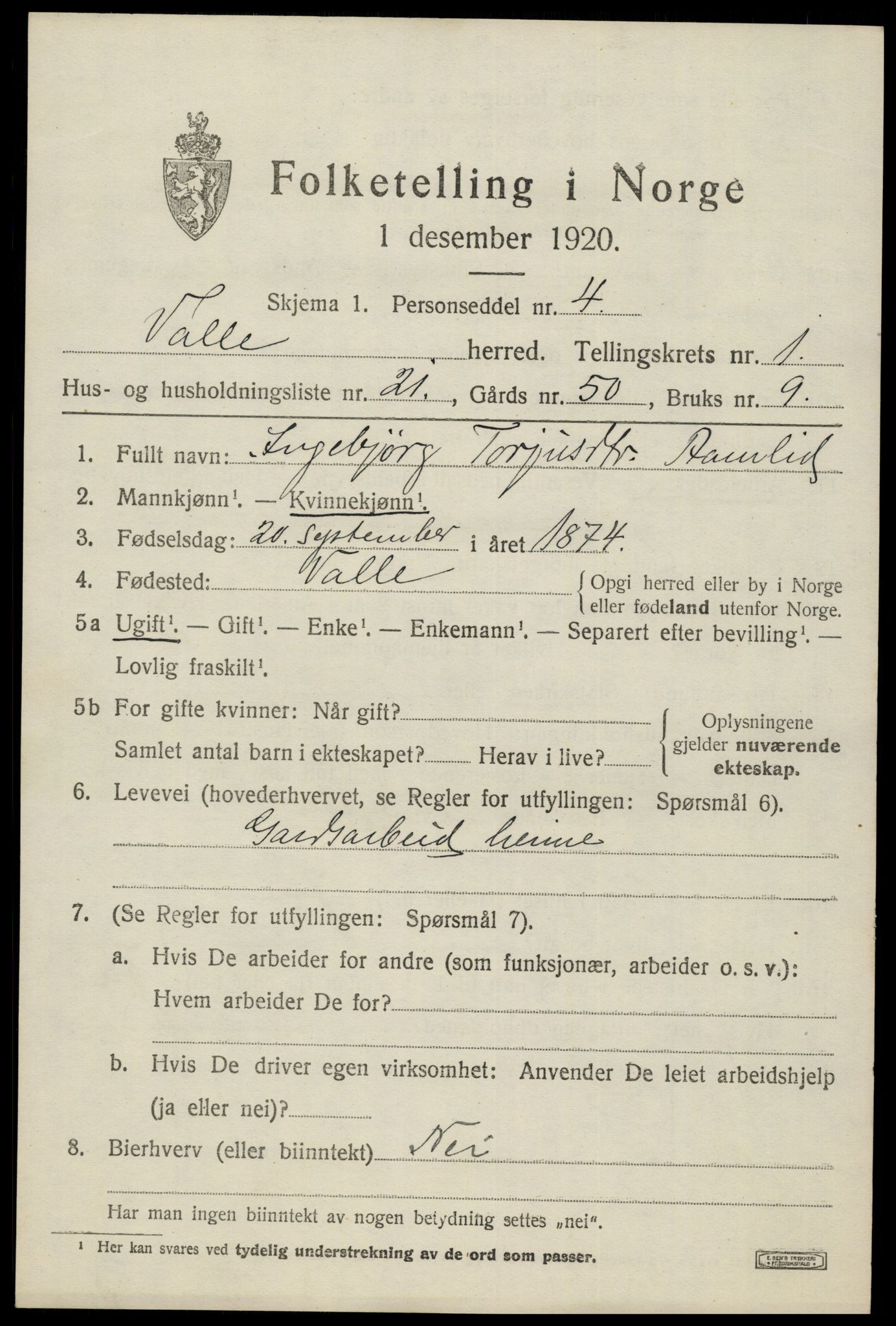 SAK, Folketelling 1920 for 0940 Valle herred, 1920, s. 693