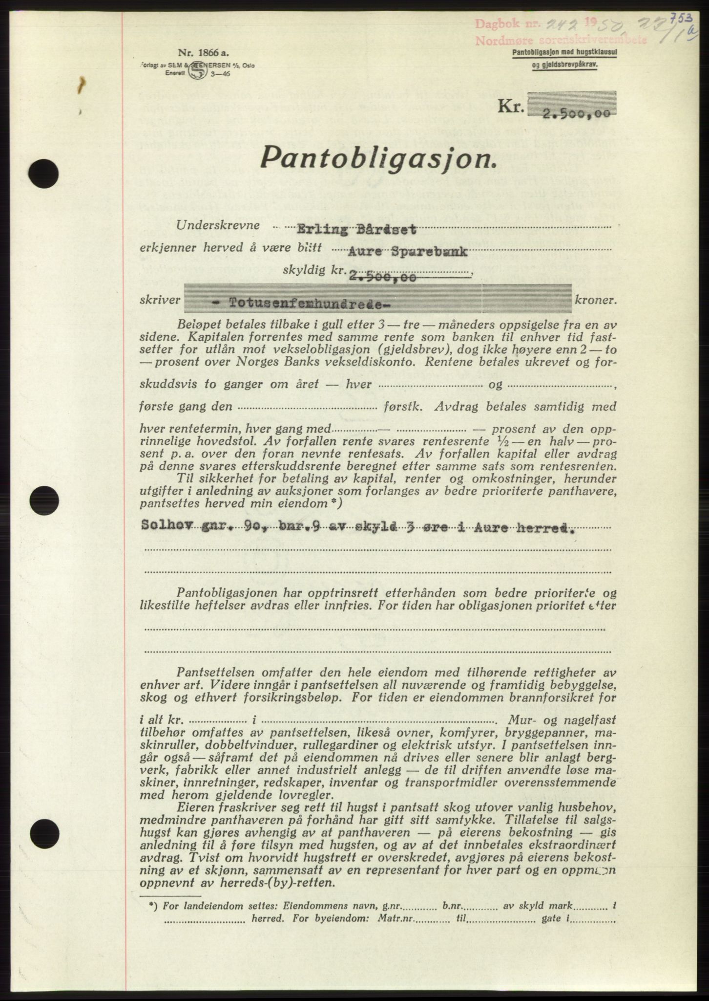 Nordmøre sorenskriveri, AV/SAT-A-4132/1/2/2Ca: Pantebok nr. B103, 1949-1950, Dagboknr: 242/1950