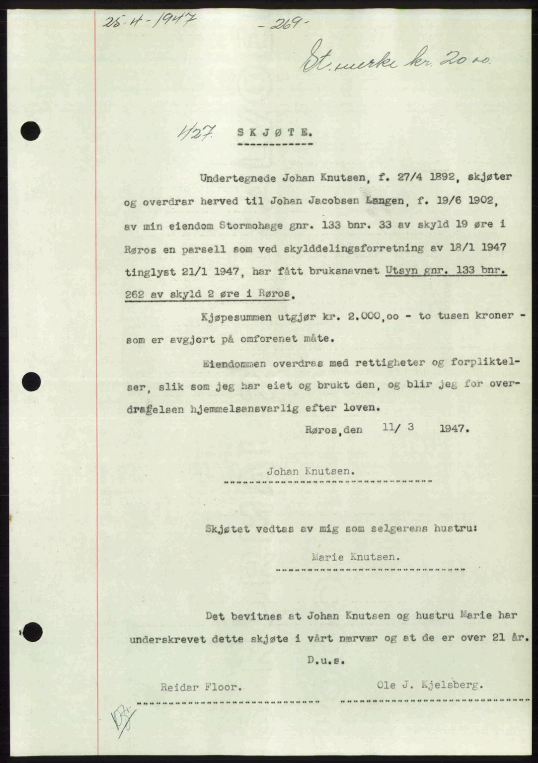 Gauldal sorenskriveri, SAT/A-0014/1/2/2C: Pantebok nr. A3, 1947-1947, Dagboknr: 427/1947