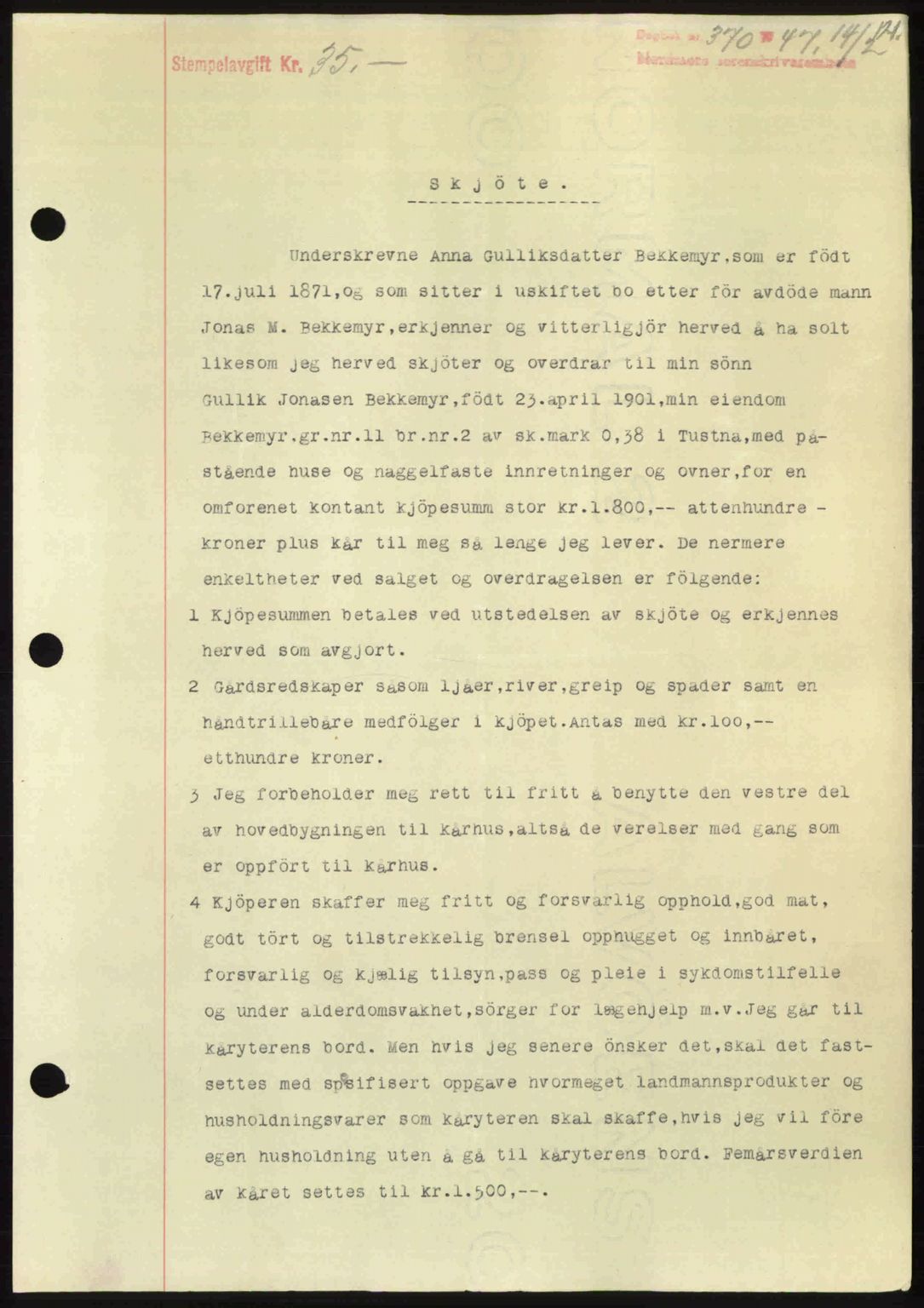 Nordmøre sorenskriveri, SAT/A-4132/1/2/2Ca: Pantebok nr. A104, 1947-1947, Dagboknr: 370/1947