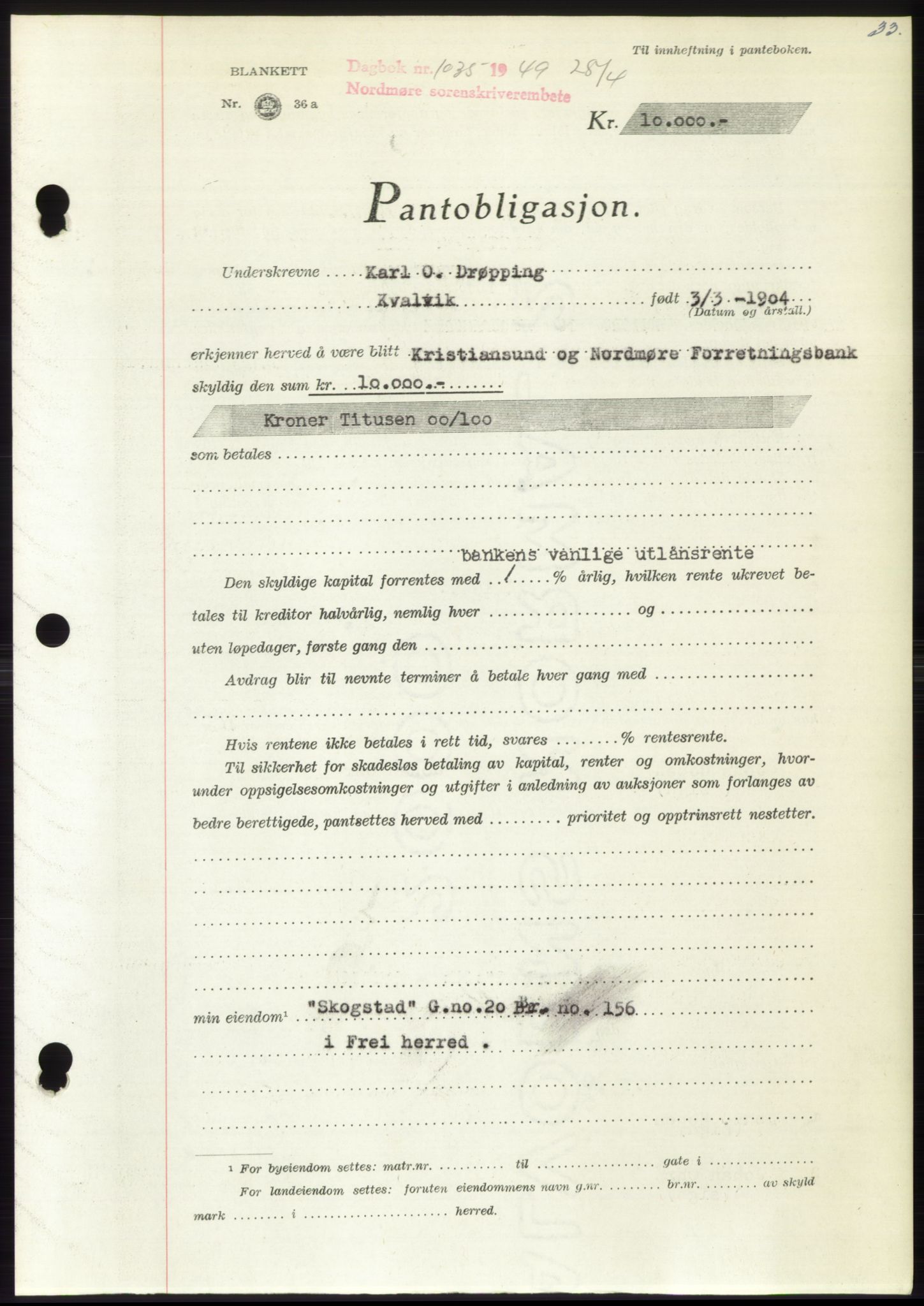 Nordmøre sorenskriveri, SAT/A-4132/1/2/2Ca: Pantebok nr. B101, 1949-1949, Dagboknr: 1035/1949