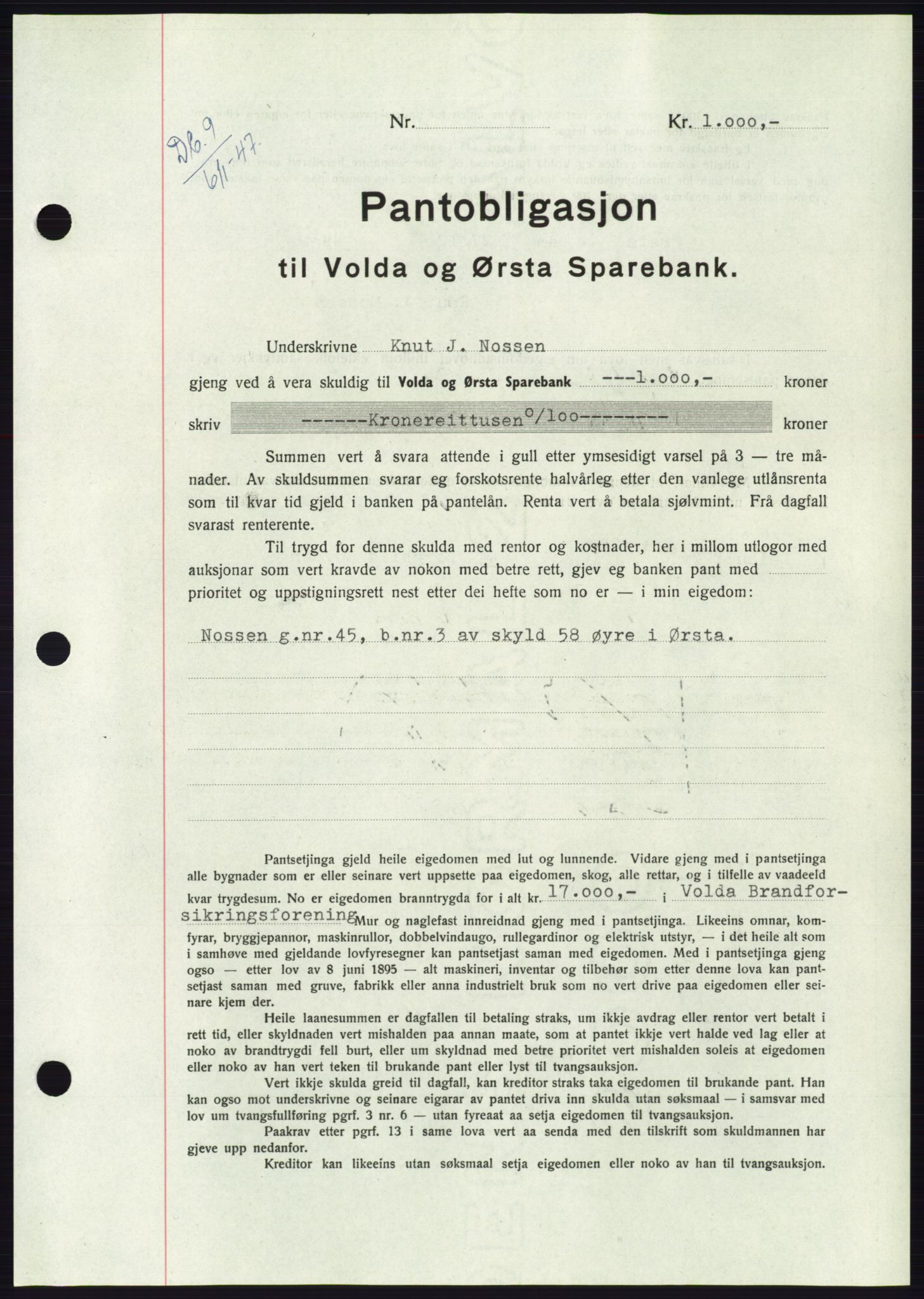 Søre Sunnmøre sorenskriveri, AV/SAT-A-4122/1/2/2C/L0114: Pantebok nr. 1-2B, 1943-1947, Dagboknr: 9/1947