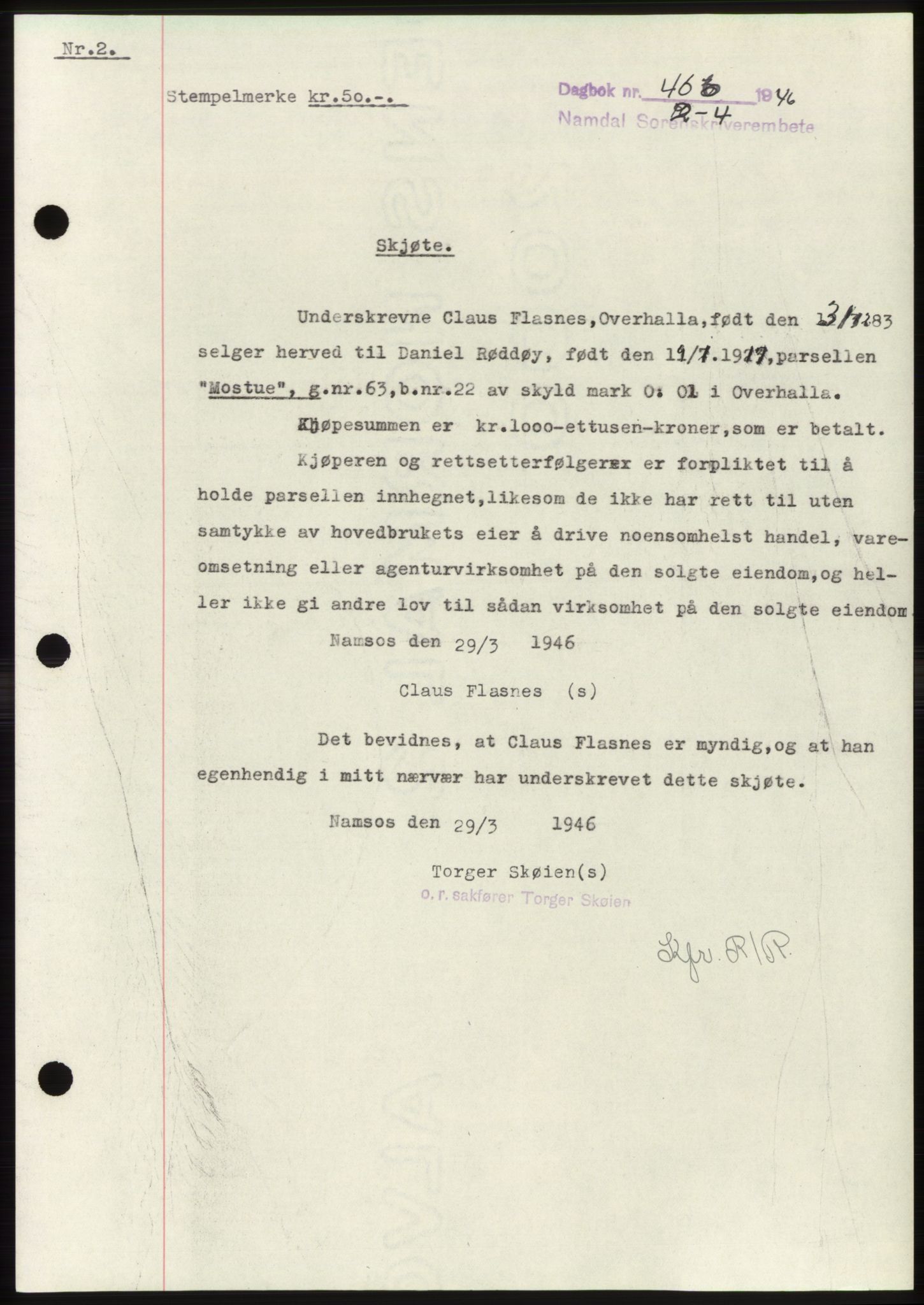 Namdal sorenskriveri, SAT/A-4133/1/2/2C: Pantebok nr. -, 1946-1946, Dagboknr: 466/1946