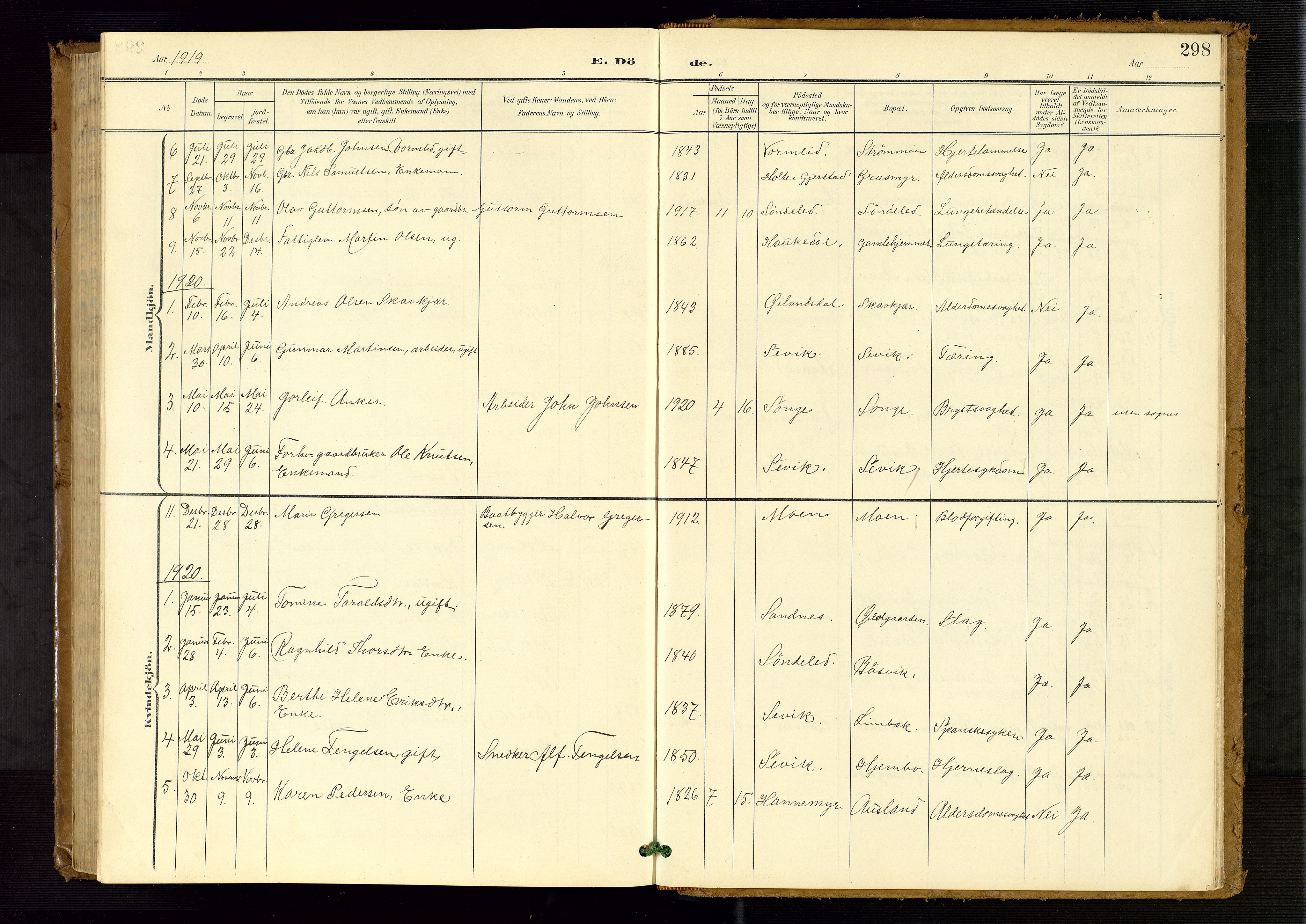 Søndeled sokneprestkontor, AV/SAK-1111-0038/F/Fb/L0005: Klokkerbok nr. B 6, 1900-1962, s. 298