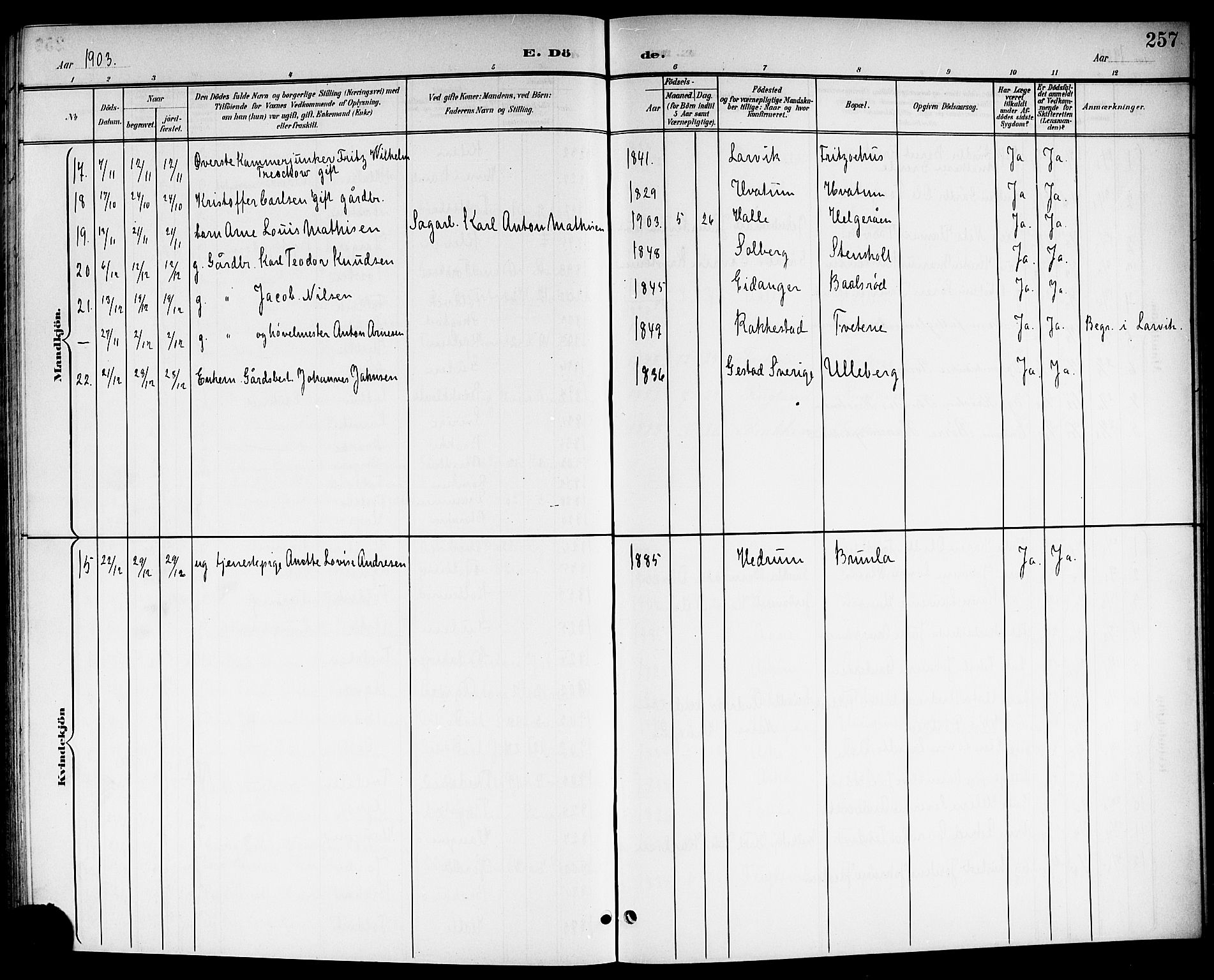Brunlanes kirkebøker, SAKO/A-342/G/Ga/L0004: Klokkerbok nr. I 4, 1898-1921, s. 257