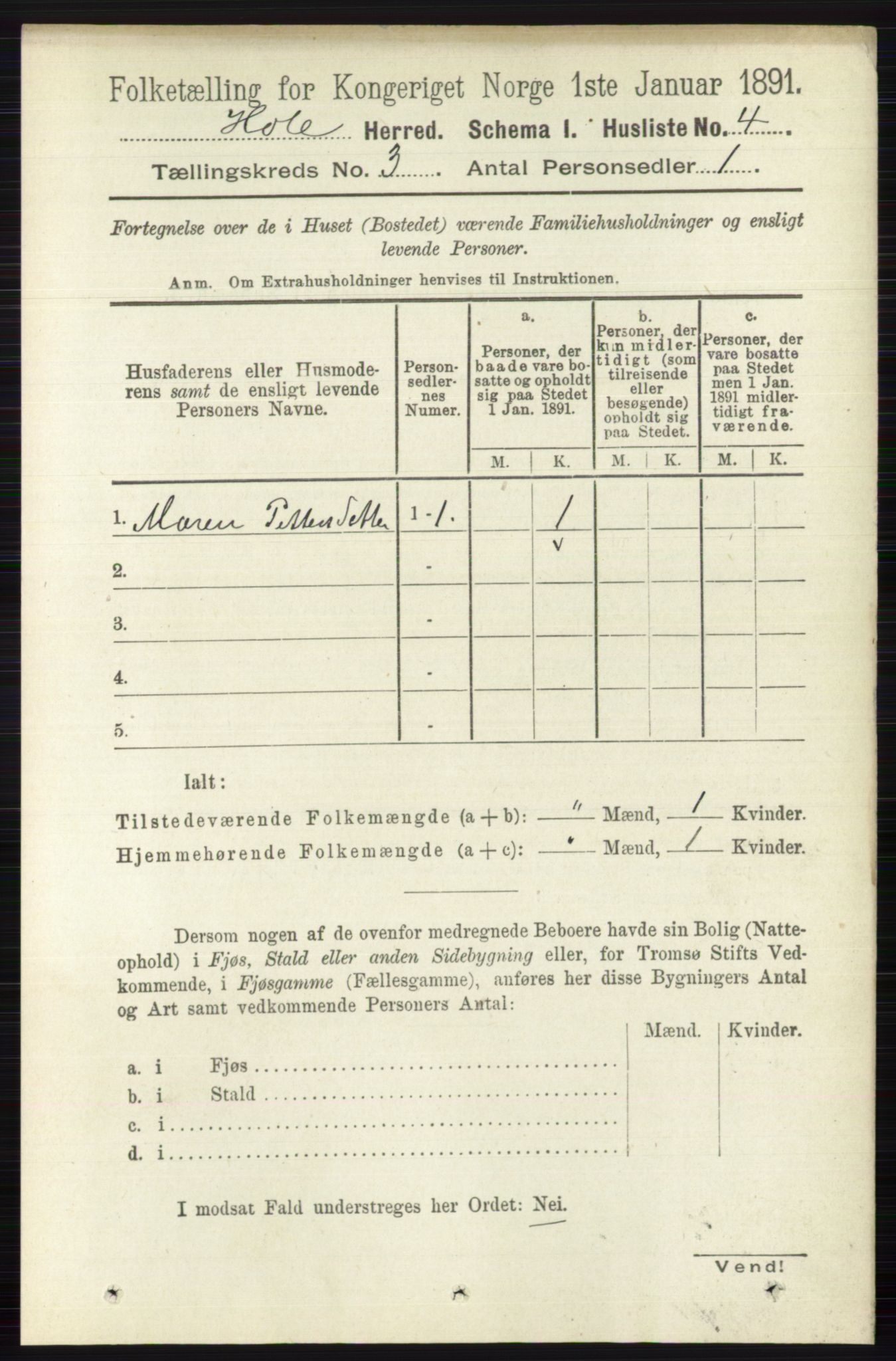 RA, Folketelling 1891 for 0612 Hole herred, 1891, s. 1122