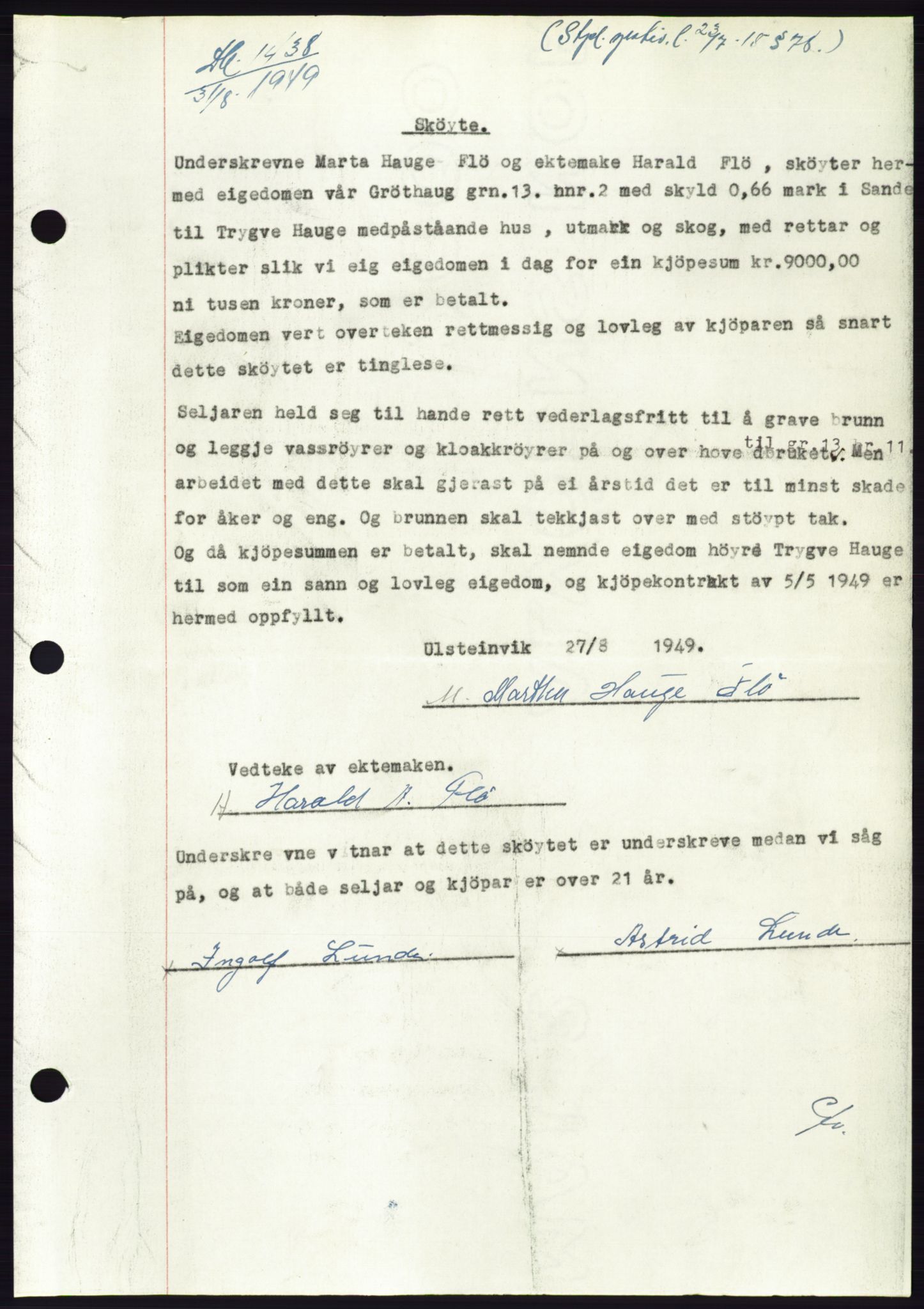 Søre Sunnmøre sorenskriveri, AV/SAT-A-4122/1/2/2C/L0085: Pantebok nr. 11A, 1949-1949, Dagboknr: 1438/1949